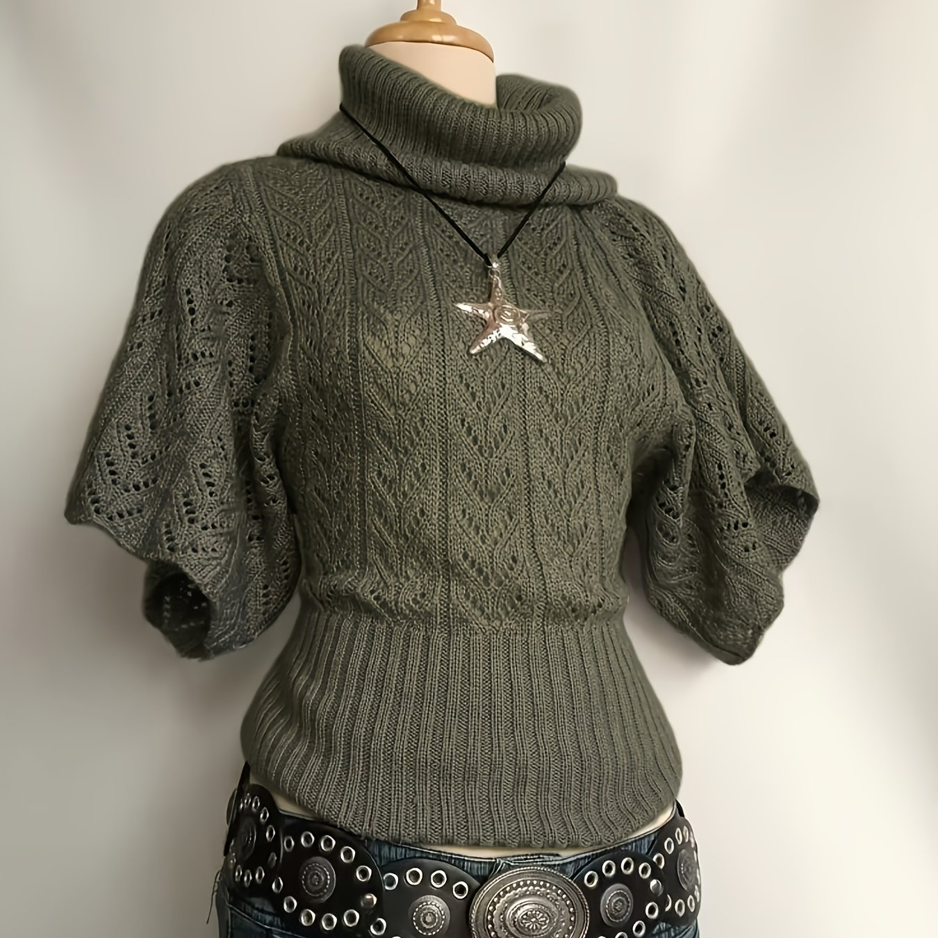 TEMU Sweter damski Y2K typu pullover, elegancki i casualowy, z krótkim rękawem, gorący seksowny zimowy sweter damski w żebrowane wzory z wycięciami,