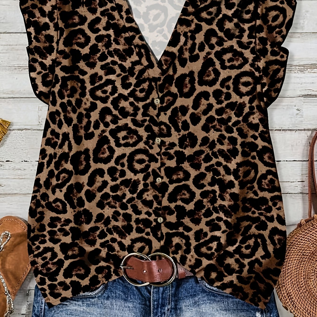 TEMU Elegancka damska odzież na imprezę, zawierająca łatwą do zakładania koszulę w panterkę z krótkim rękawem i guzikami, z dekoltem w serek, idealną