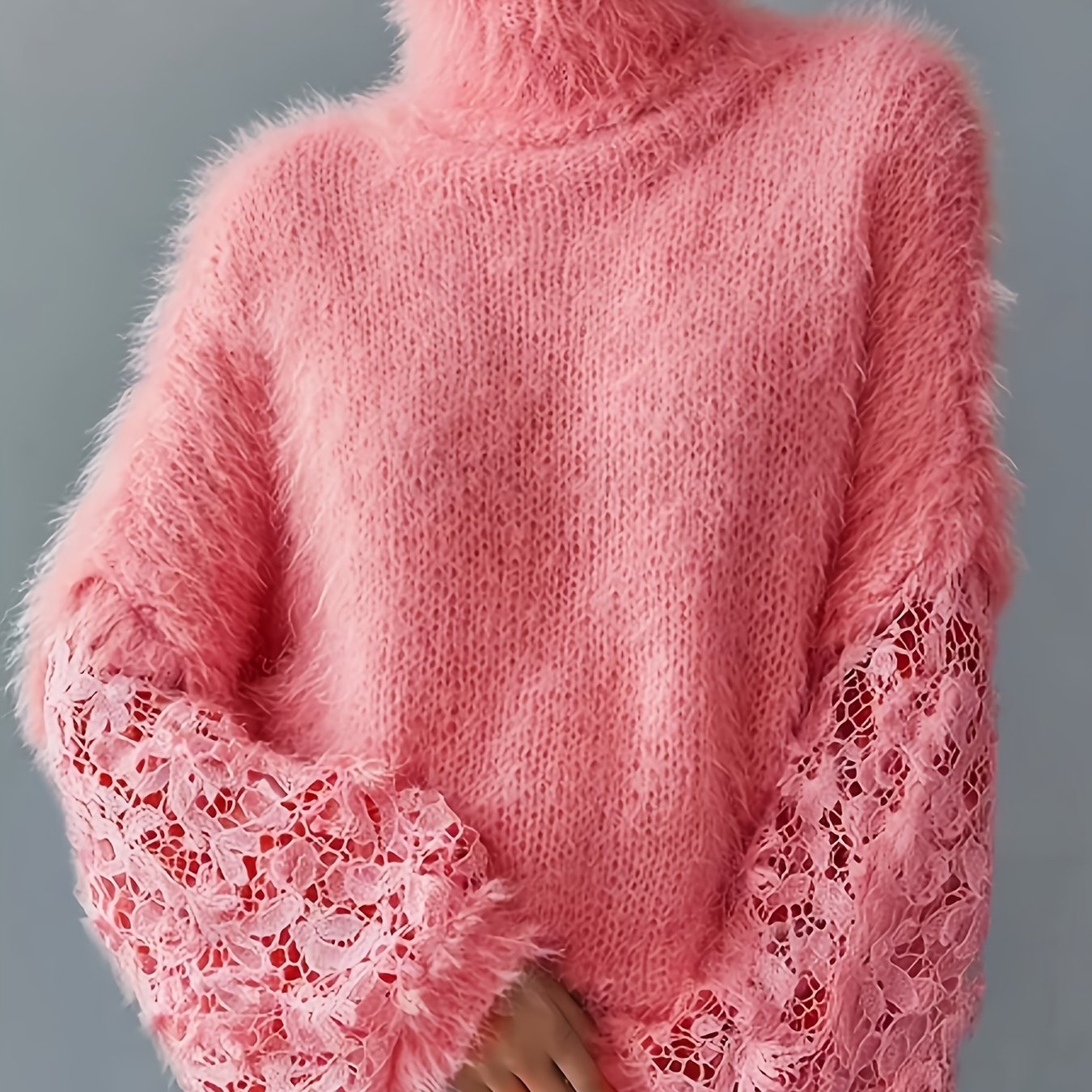 TEMU damska bluzka na jesień/zimę 2025, codzienna, w jednolitym kolorze, z koronkowymi rękawami w kształcie lampiona, z wysokim dekoltem i długim