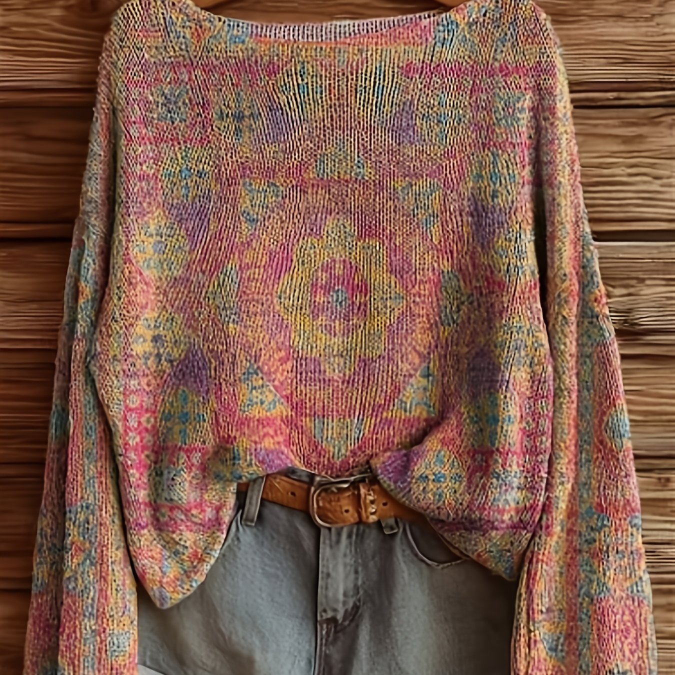 TEMU Lekki sweter w całości z nadrukiem Wzór w stylu vintage z kwiatami, okrągły dekolt, długi rękaw, prążkowany, stylowy i swobodny dla kobiet,
