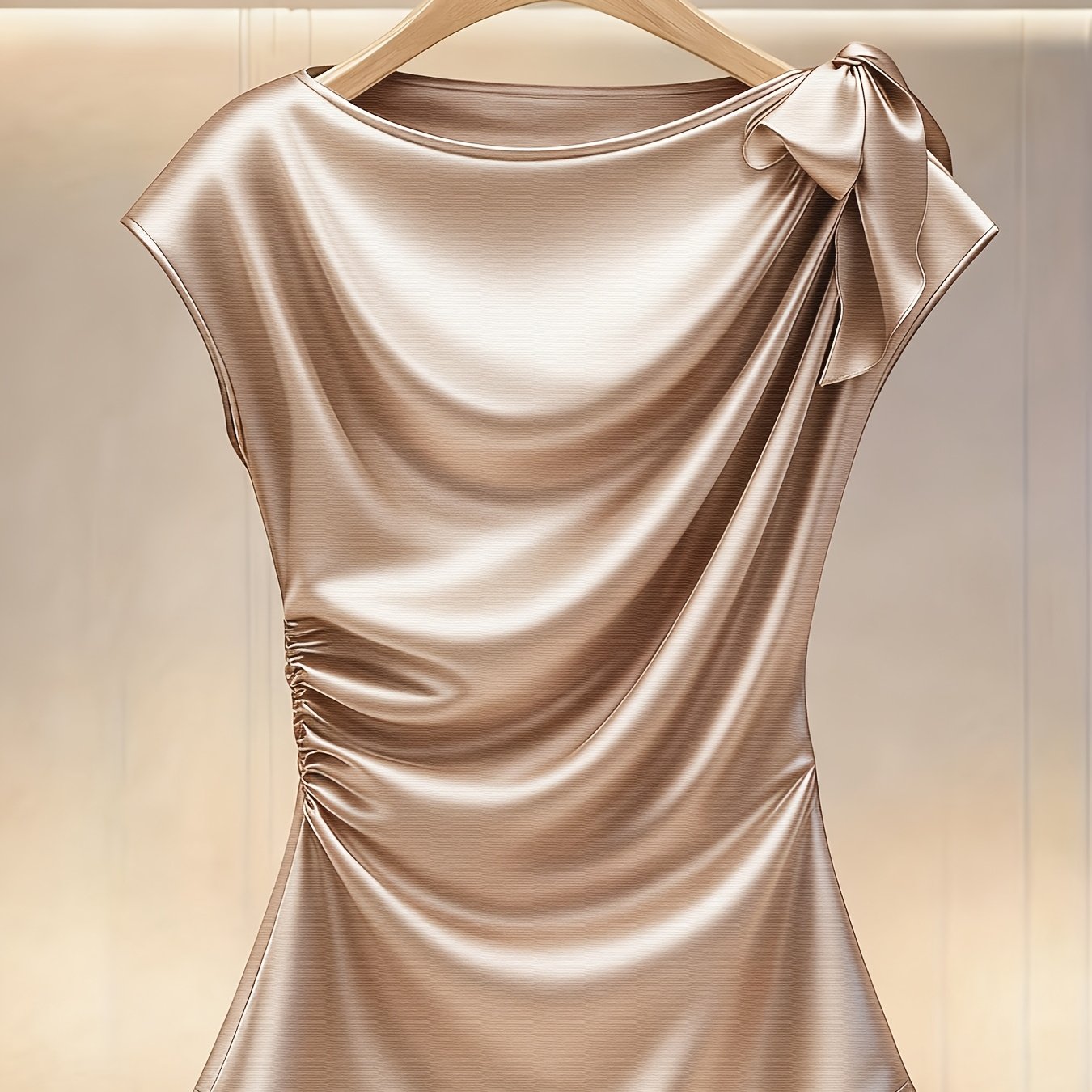 TEMU Jednoramienna Bluzka z Kokardą, Krótki Rękaw, Dopasowany Krój, Elegancka Plisowana Koszula