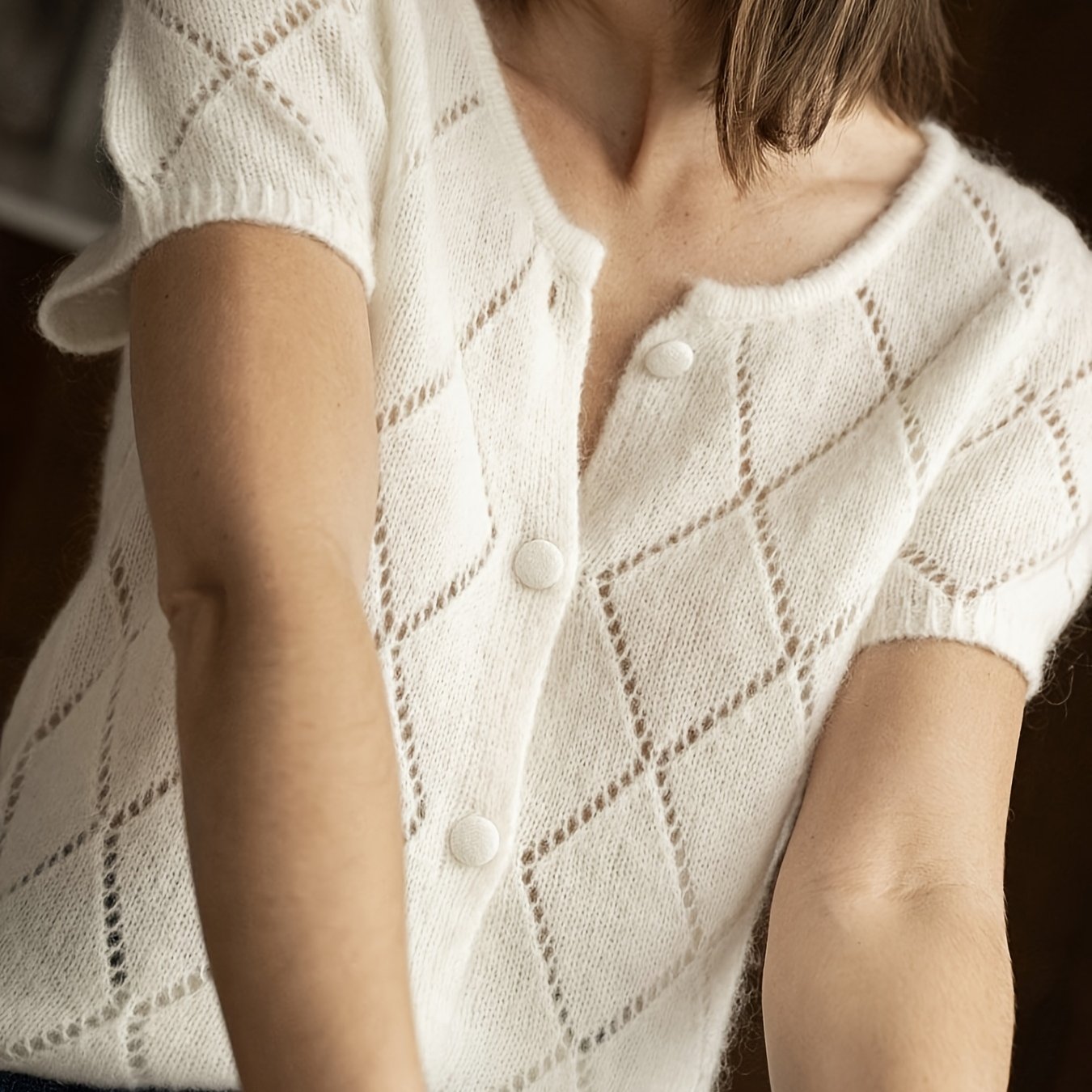 TEMU Sweter damski, krótki rękaw, okrągły dekolt, jednokolorowy, jednorzędowy guzikowy kardigan, wiosna/, casual, wysokiej jakości, miękki i gładki