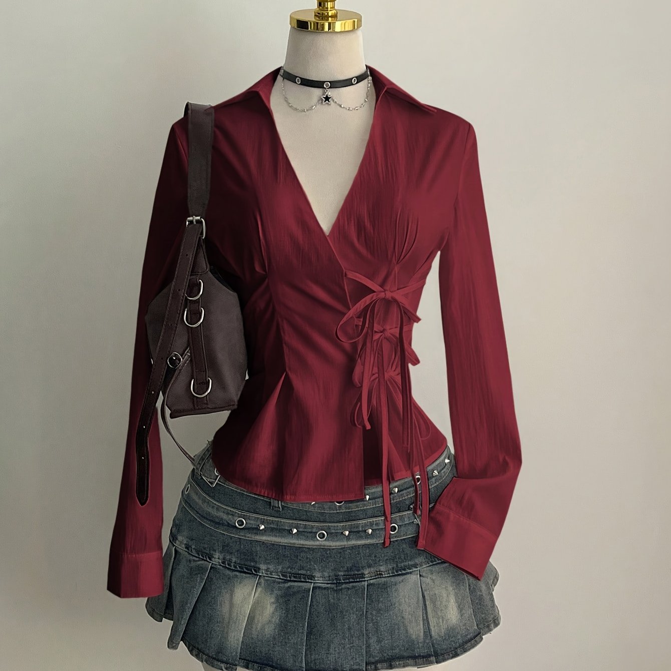 TEMU Elegancki Nieregularny Top Wyszczuplający w Talii dla Kobiet, Koszulka z Długim Rękawem i Wiązaniem z Przodu, Model Nr ZD251223016#95117#
