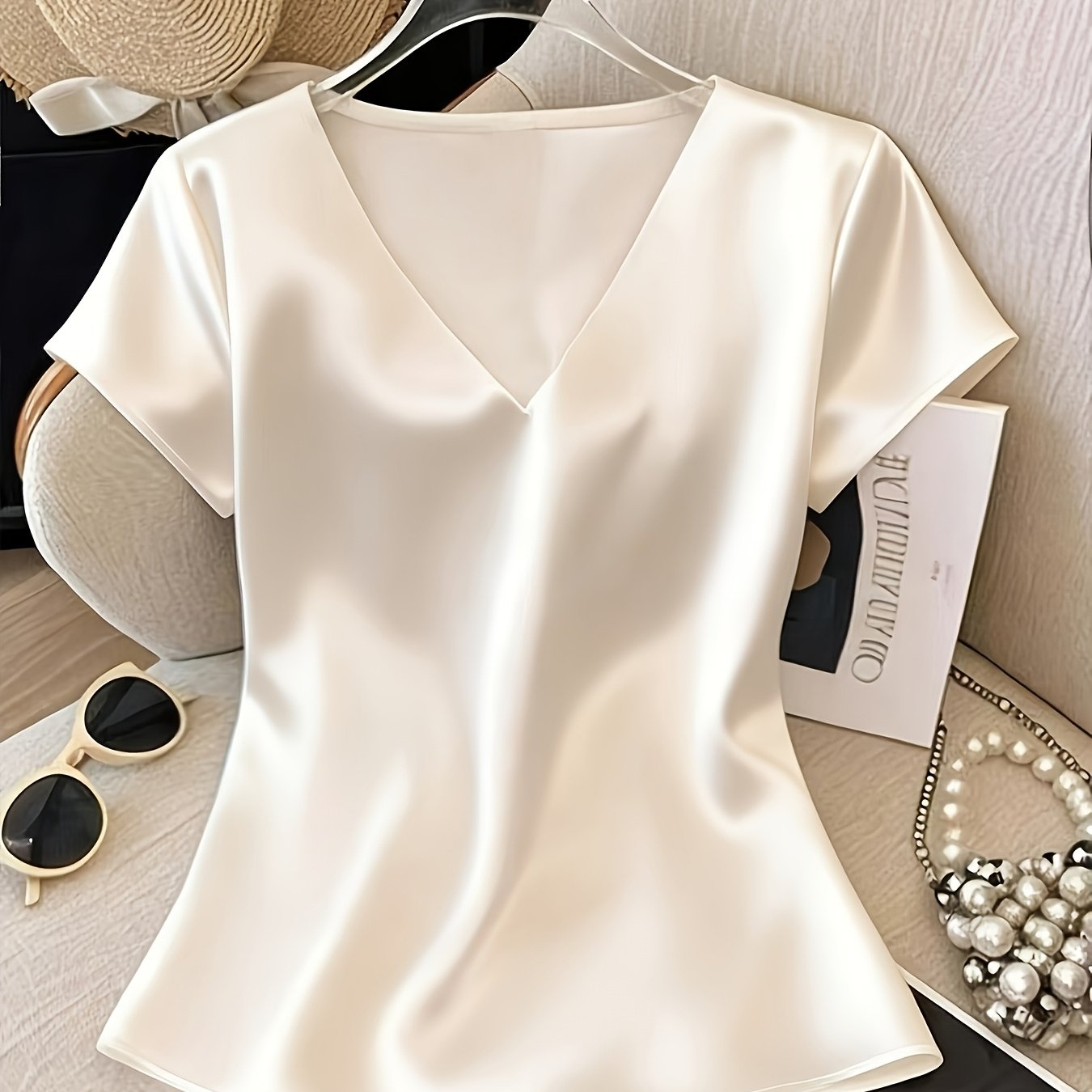 TEMU Elegancka, modna bluzka damska z dekoltem w serek i krótkim rękawem Wygodna, popularna, , jednolity , standardowa długość na wiosnę/