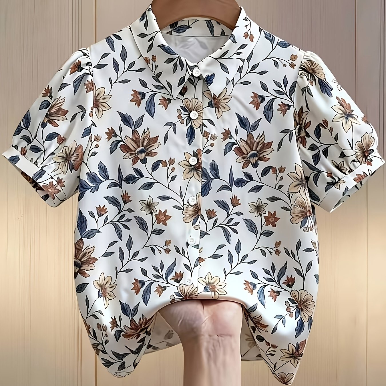 TEMU Bluzka z Botanicznym Nadrukiem, Elegancka Luźna Koszula z Krótkim Rękawem dla Kobiet, Uniwersalna Koszula na Co Dzień