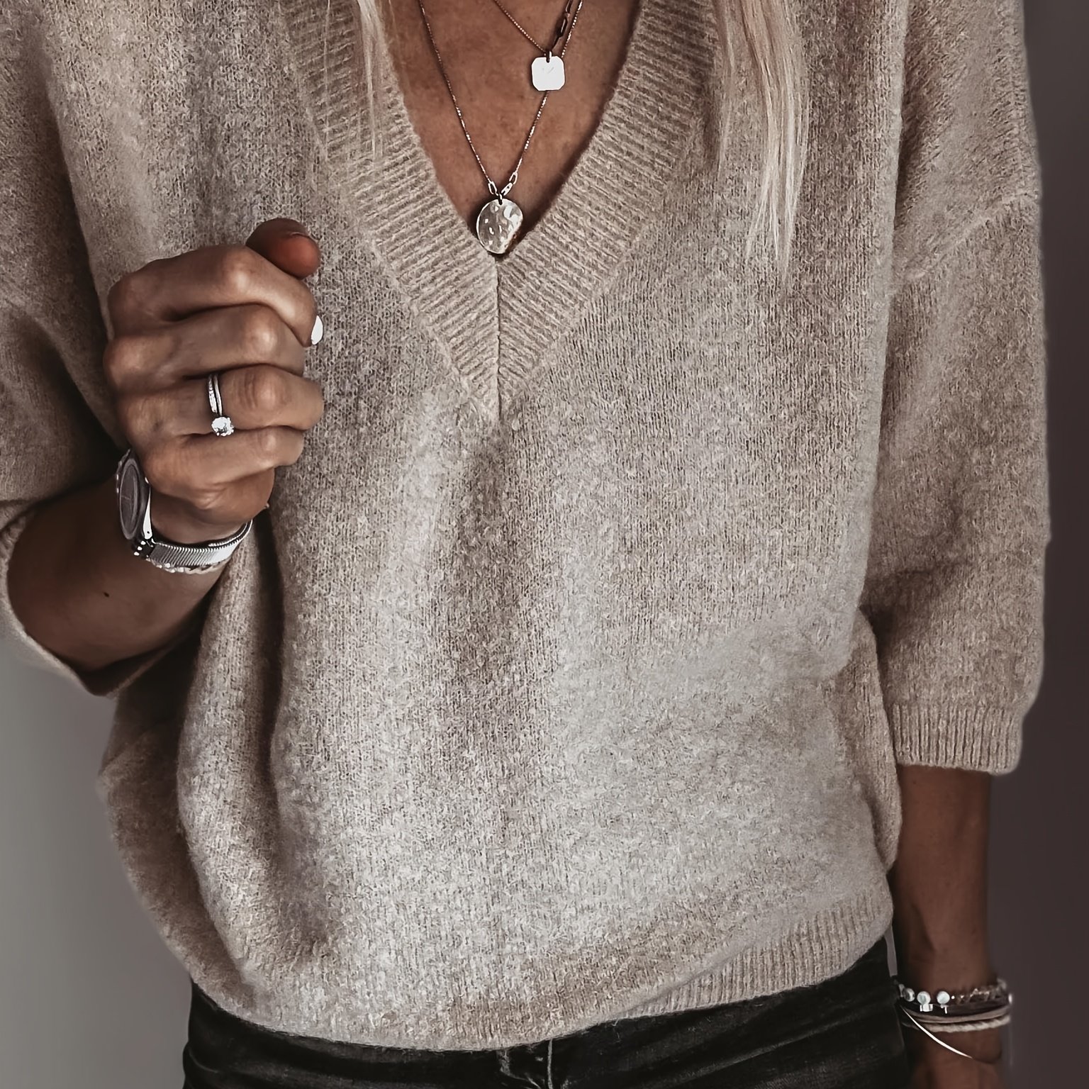 TEMU Luźny, swobodny top z dekoltem w serek Miękki i przytulny sweter z krótkim rękawem, idealny na co dzień, odpowiedni na wiosnę//jesień