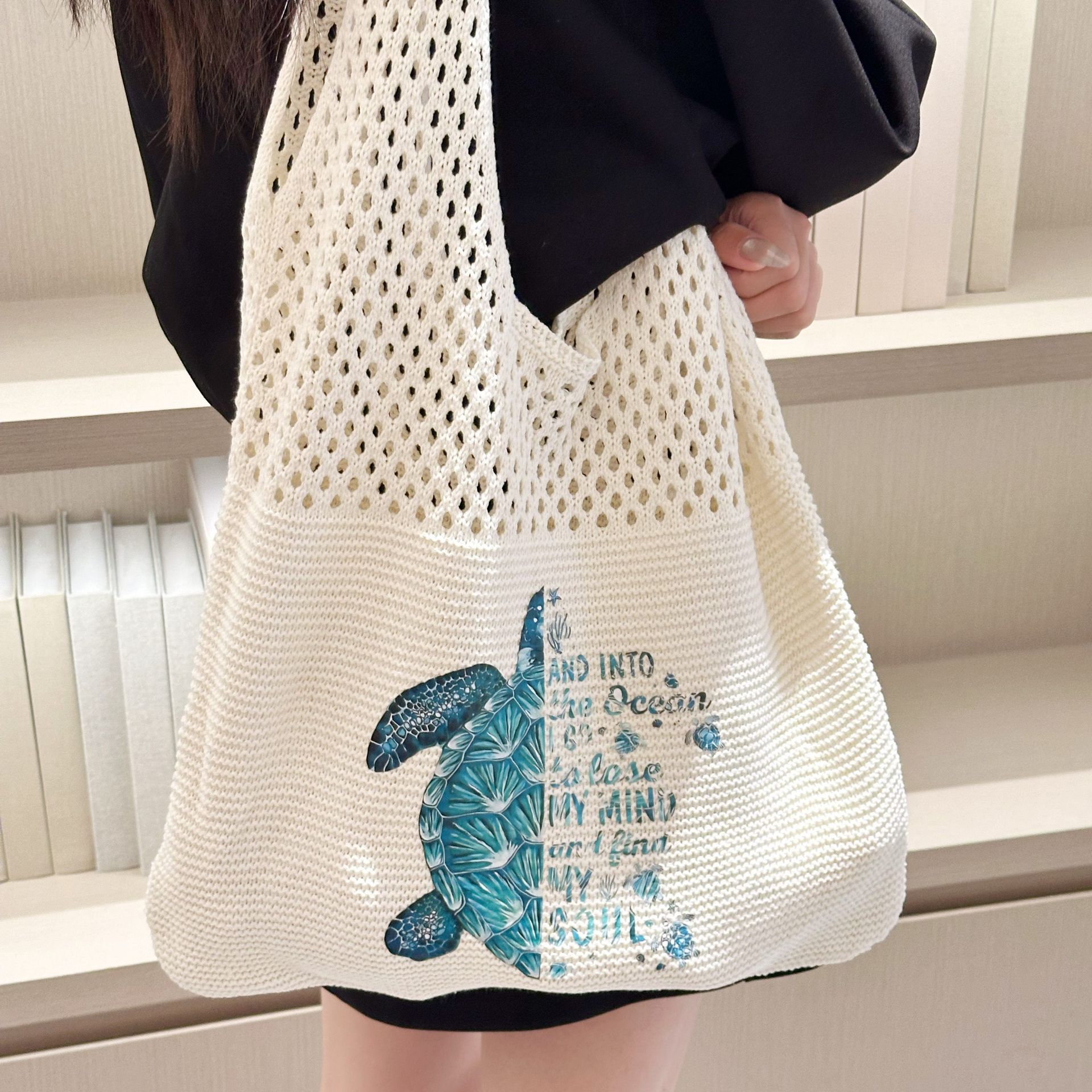 TEMU Damska Torba na Ramię Letnia Torba Plażowa o Dużej Pojemności z Modnym Nadrukiem Żółwia Biała z Niebieskimi Akcentami, Wytrzymała, Bez