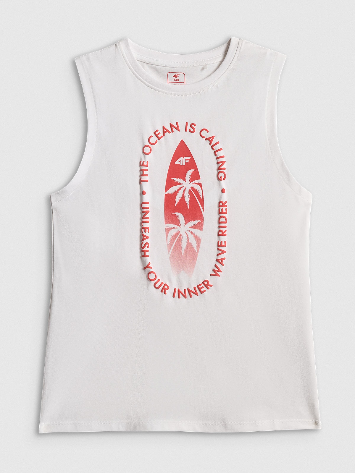 4F Koszulka bez rękawów regular z nadrukiem chłopięca - biała 164 (13-14 lat)