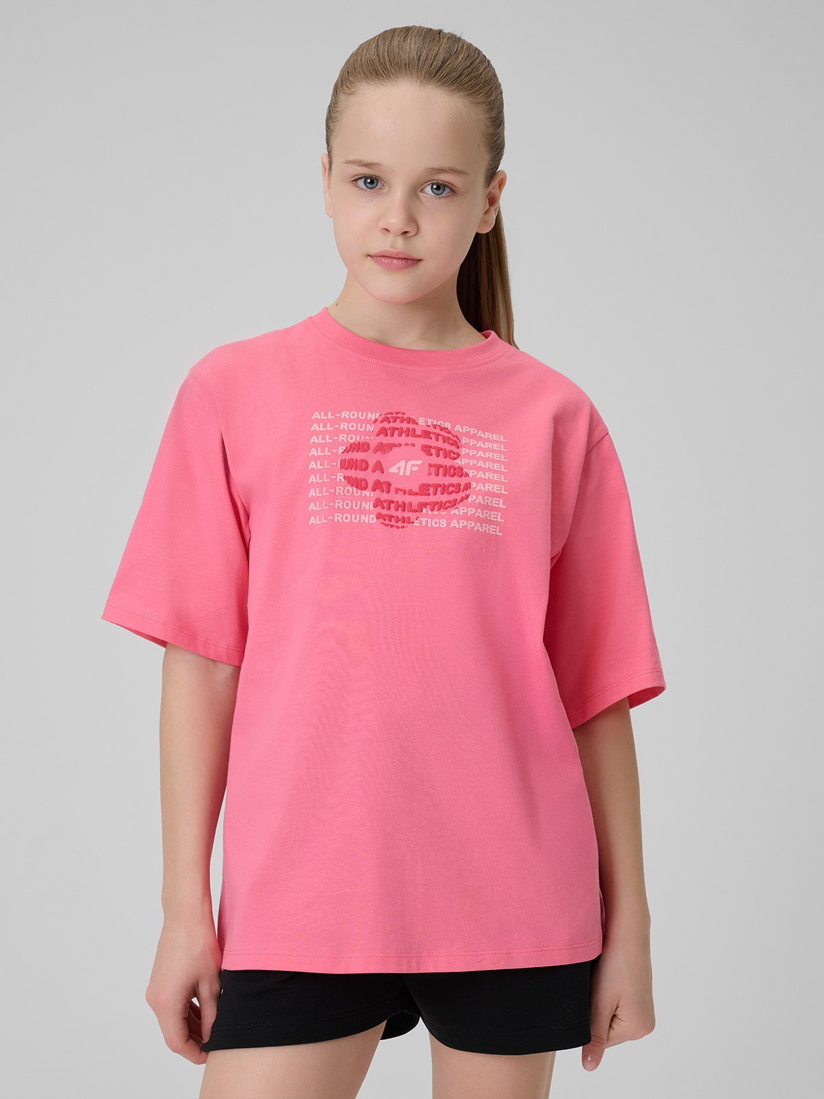 4F T-shirt loose z nadrukiem dziewczęcy - różowy 164 (13-14 lat)