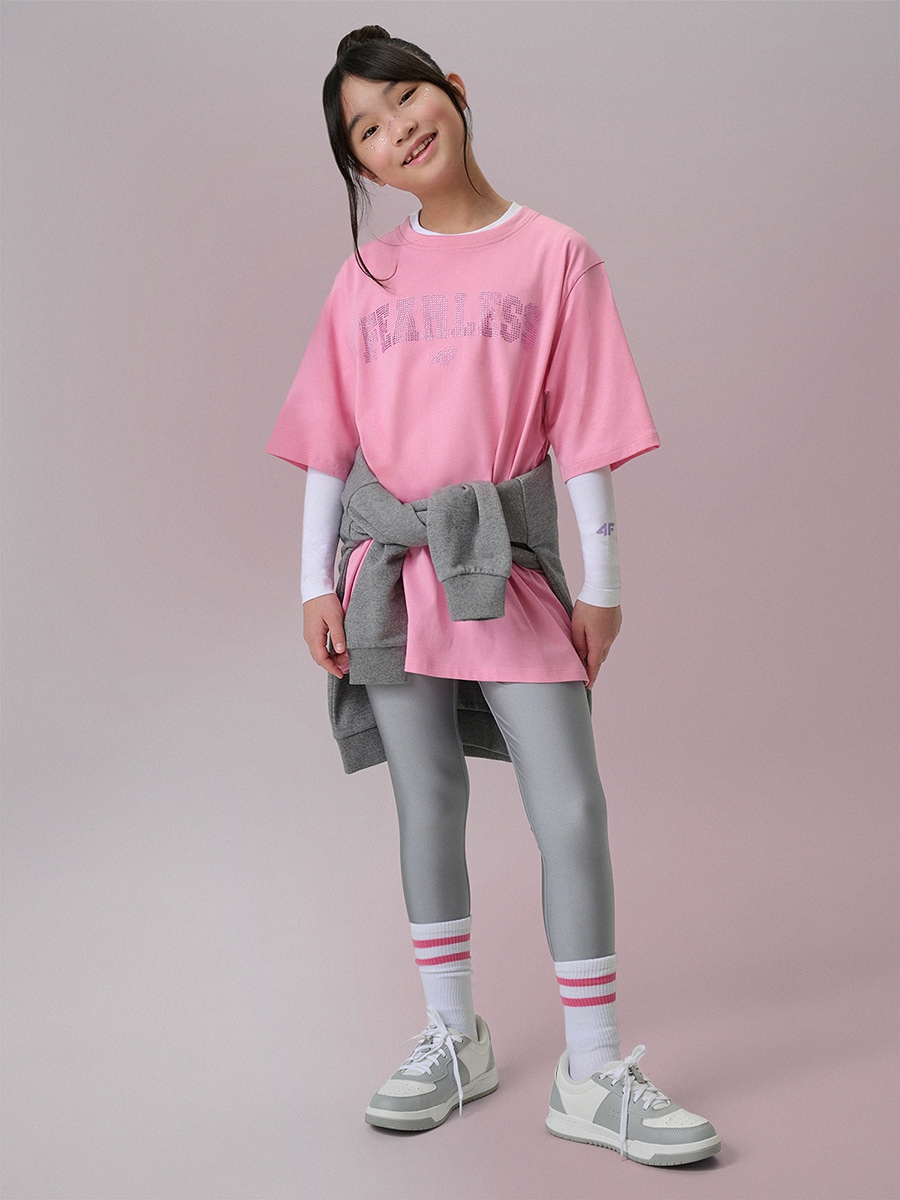 4F Legginsy dzianinowe z wysokim stanem dziewczęce - srebrne 146/152 (10-12 lat)