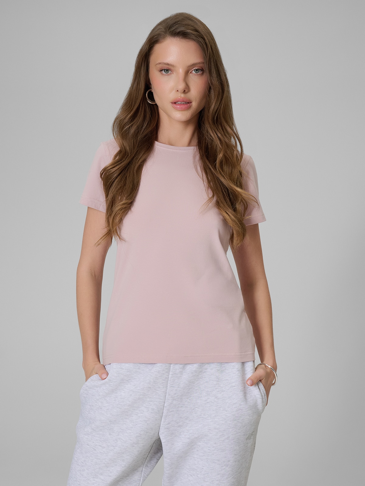 4F T-shirt slim gładki damski - różowy XXL