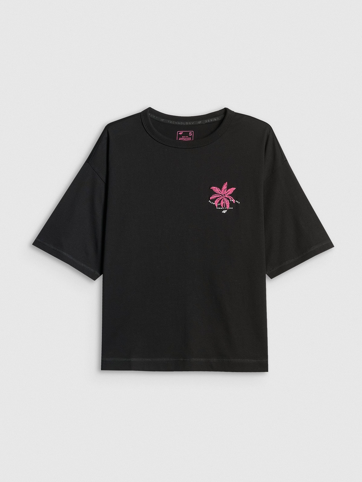 4F T-shirt boxy z nadrukiem damski - czarny XS