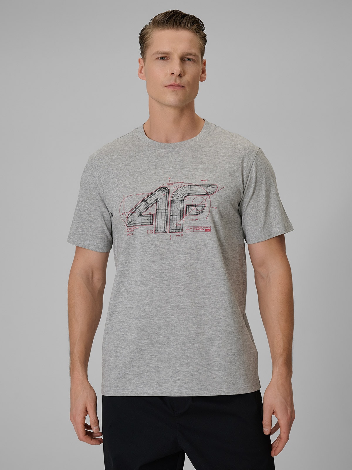 4F T-shirt regular z nadrukiem męski - szary XXL