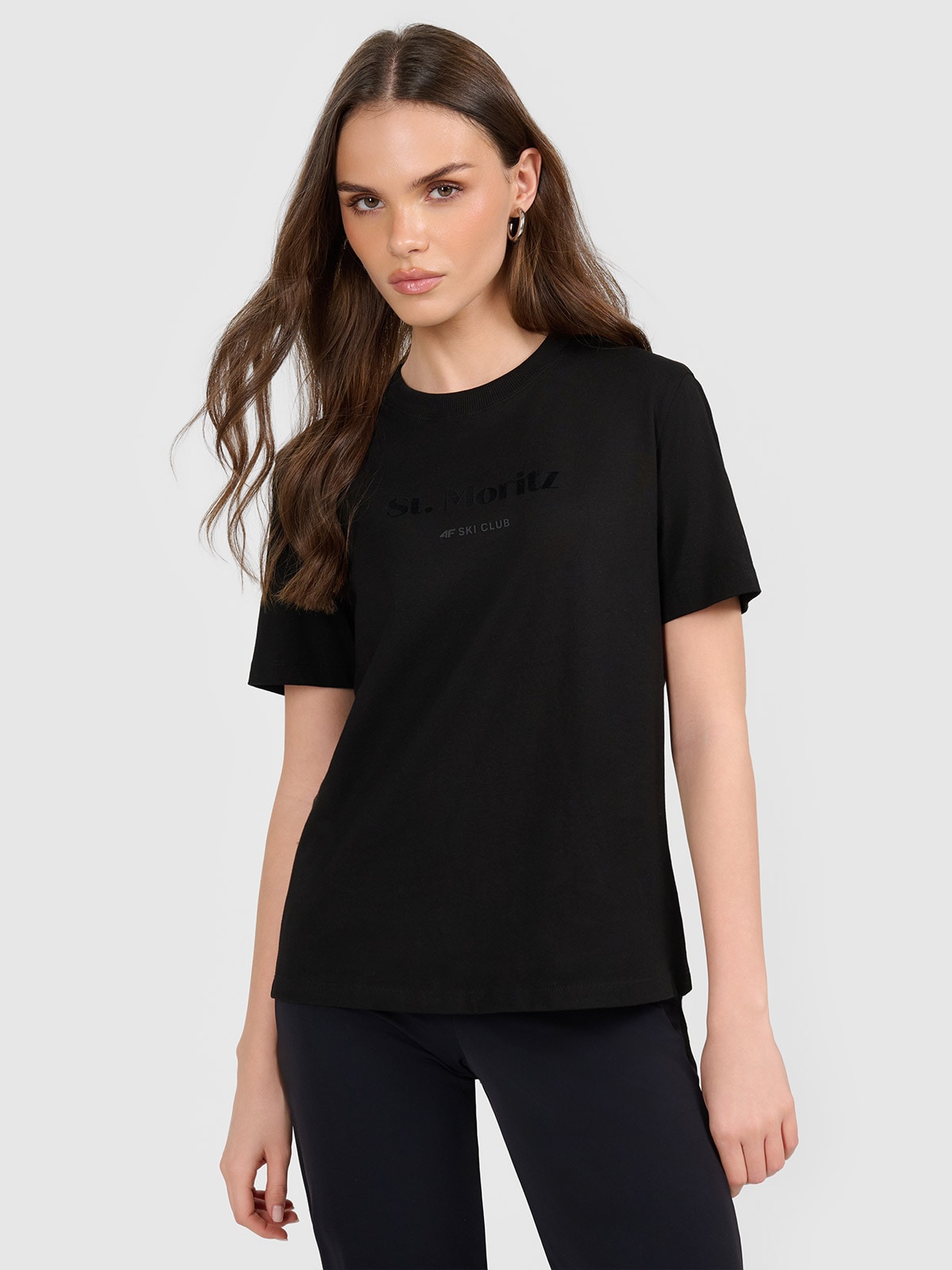 4F T-shirt loose z nadrukiem damski - czarny XS