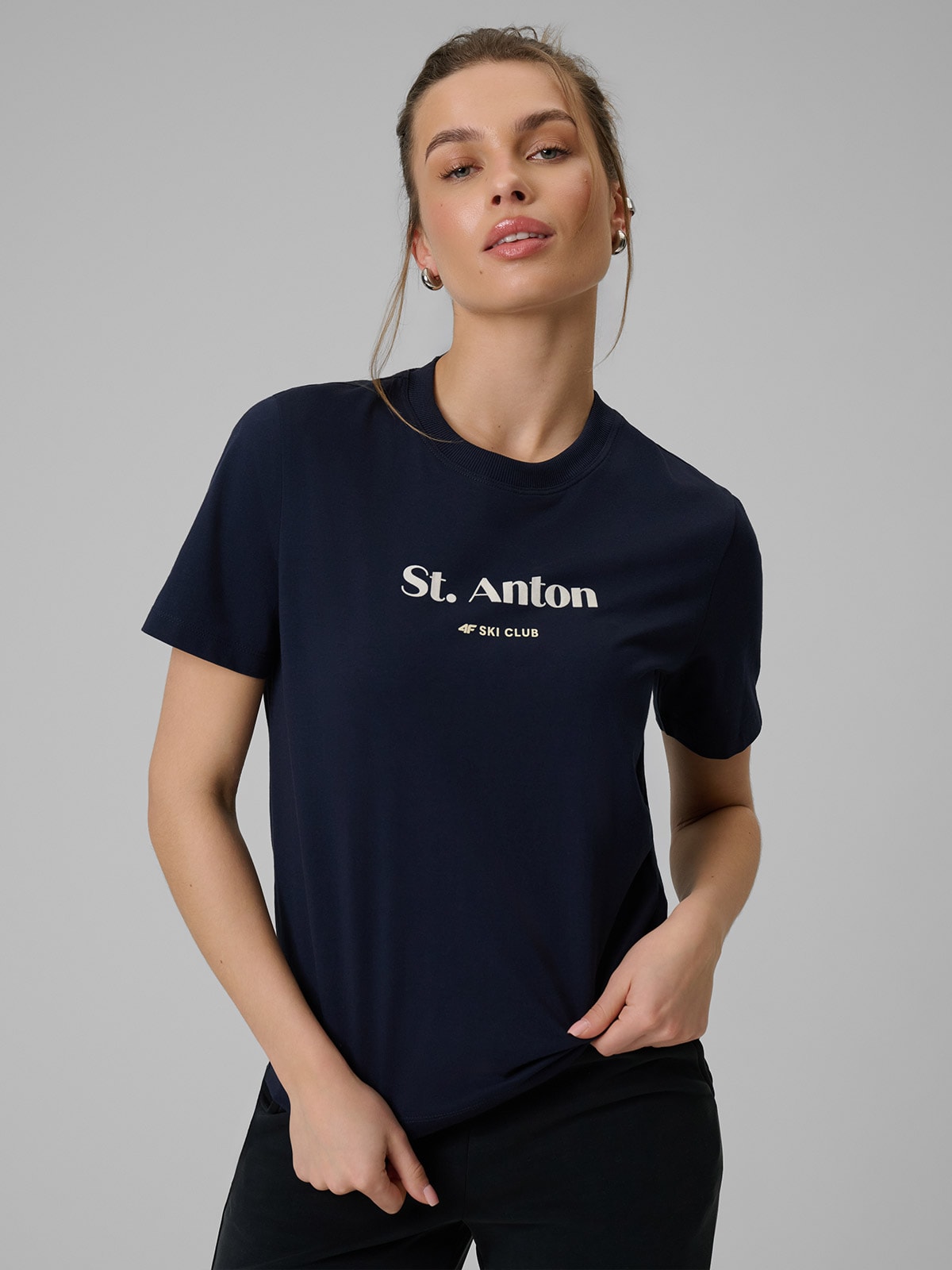 4F T-shirt loose z nadrukiem damski - granatowy XS