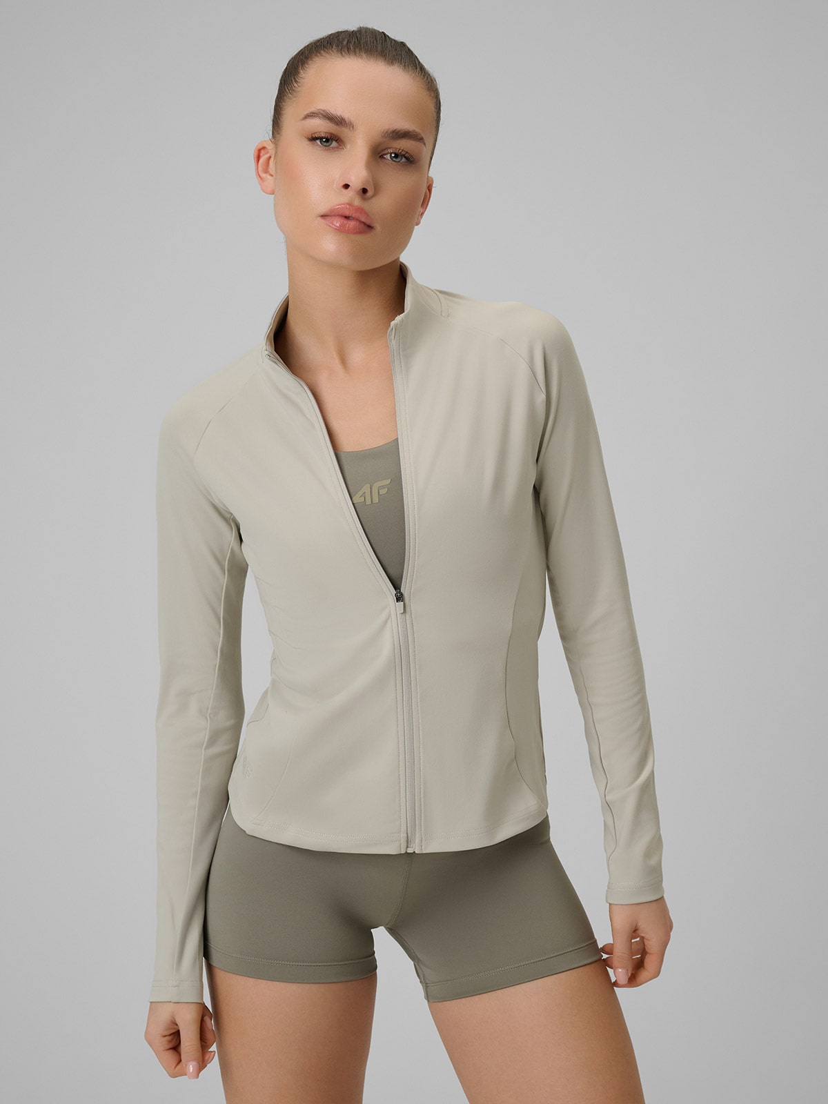 4F Bluza treningowa slim szybkoschnąca damska - beżowa XL