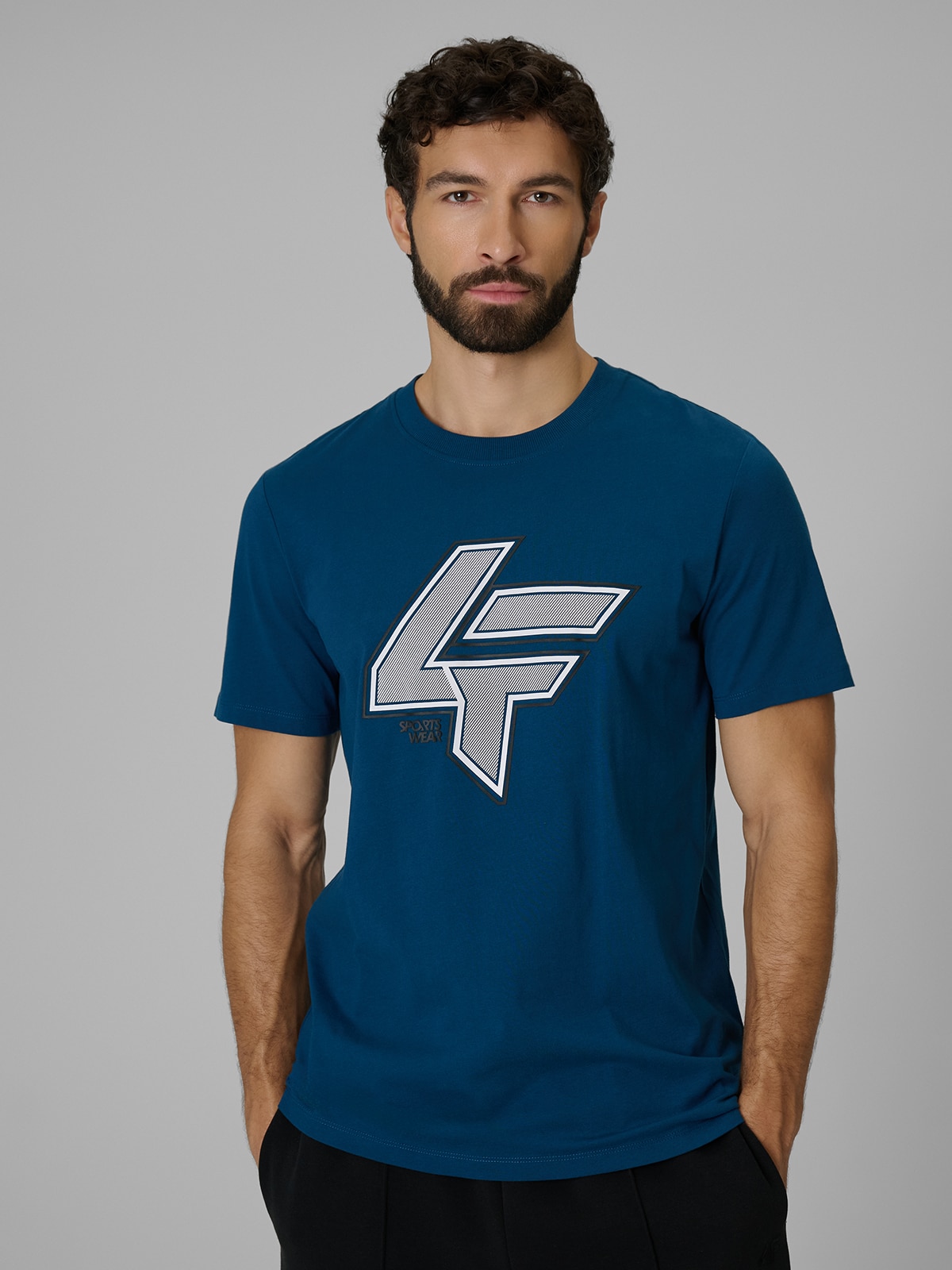 4F T-shirt regular z nadrukiem męski - turkusowa XXL