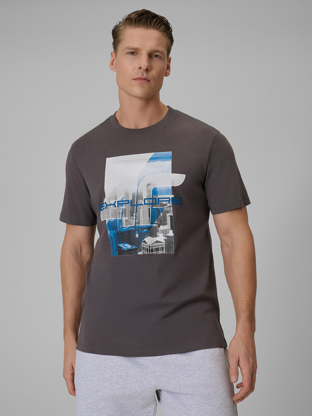 4F T-shirt regular z nadrukiem męski - szary XXL