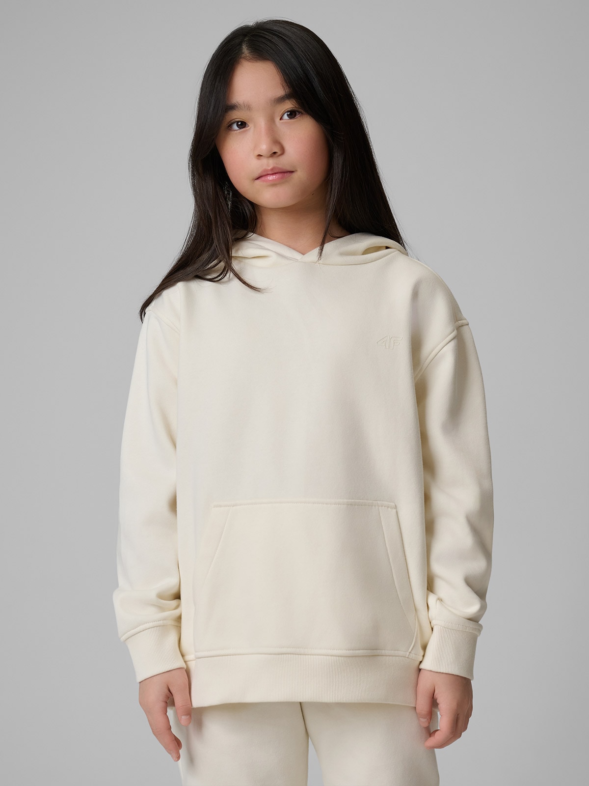 4F Bluza dresowa loose z kapturem dziewczęca - biała 158/164 (12-14 lat)