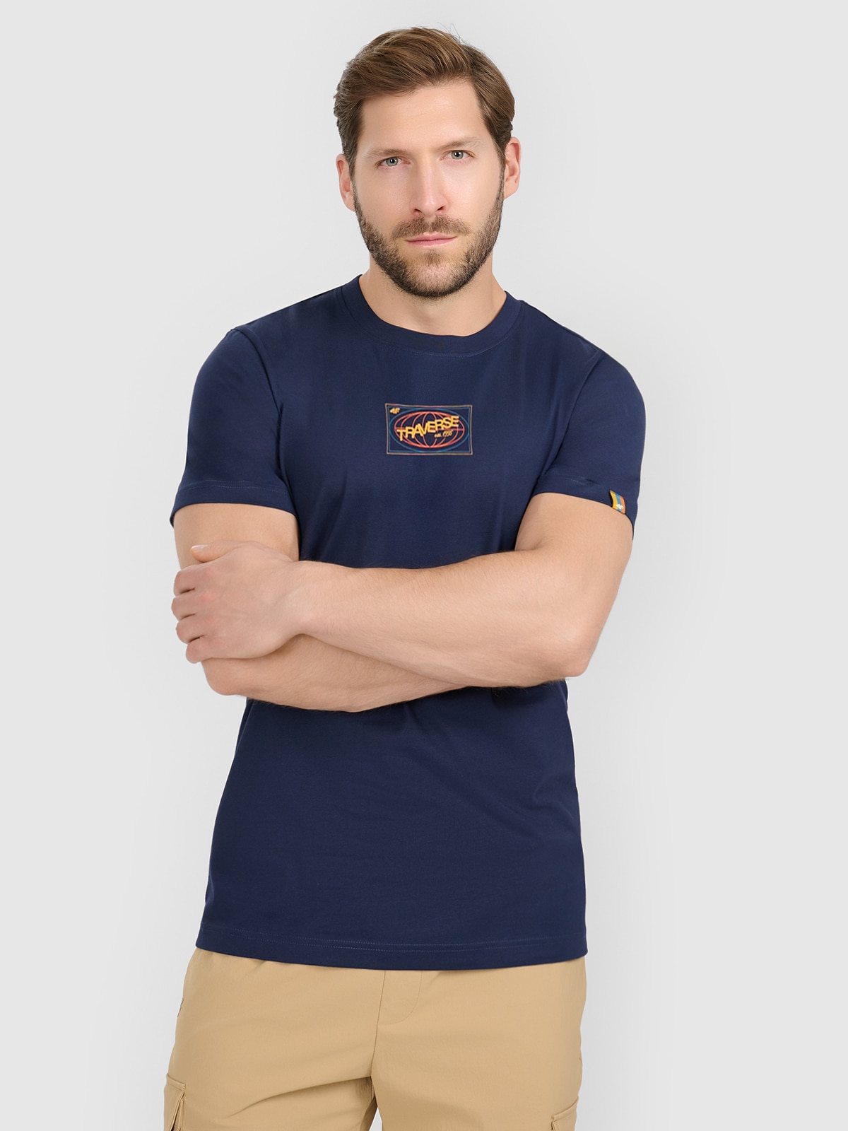 4F T-shirt regular z nadrukiem męski - granatowy XXL