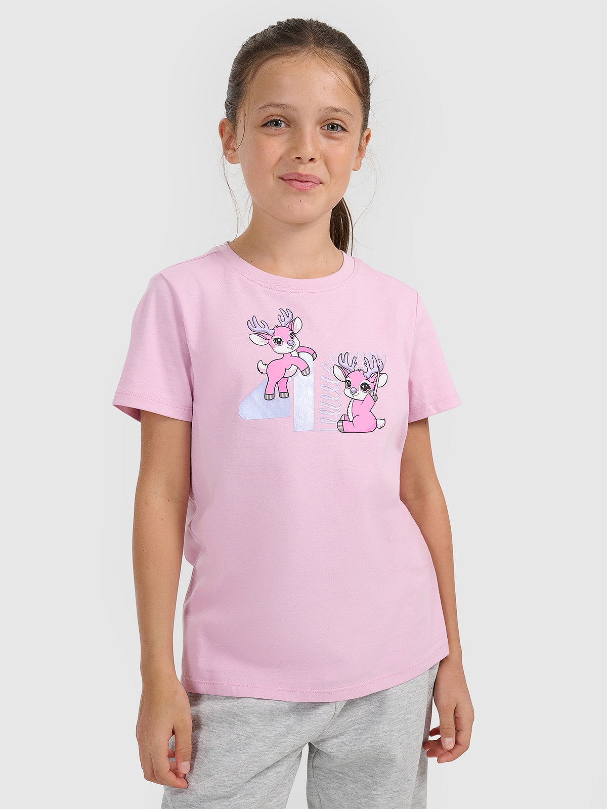 4F T-shirt regular z nadrukiem świątecznym dziewczęcy - różowy 164 (13-14 lat)