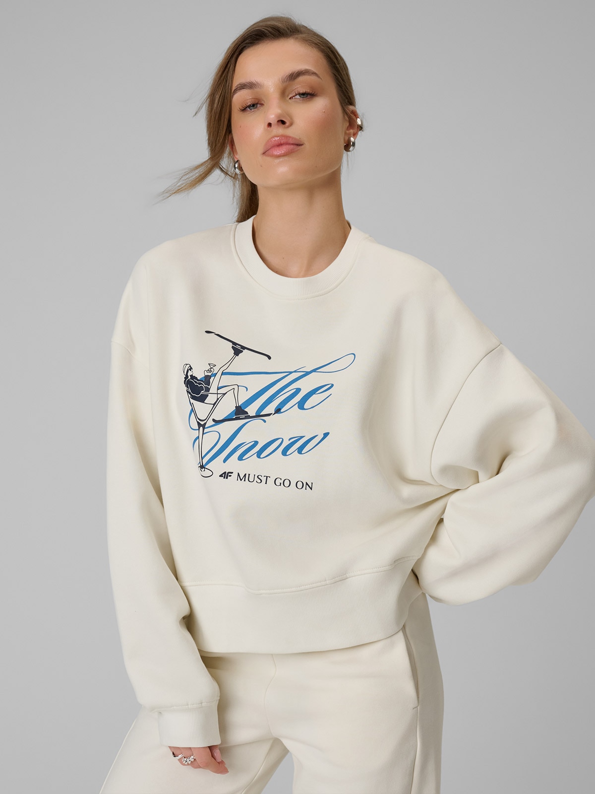 4F Bluza dresowa loose bez kaptura damska - beżowa XS