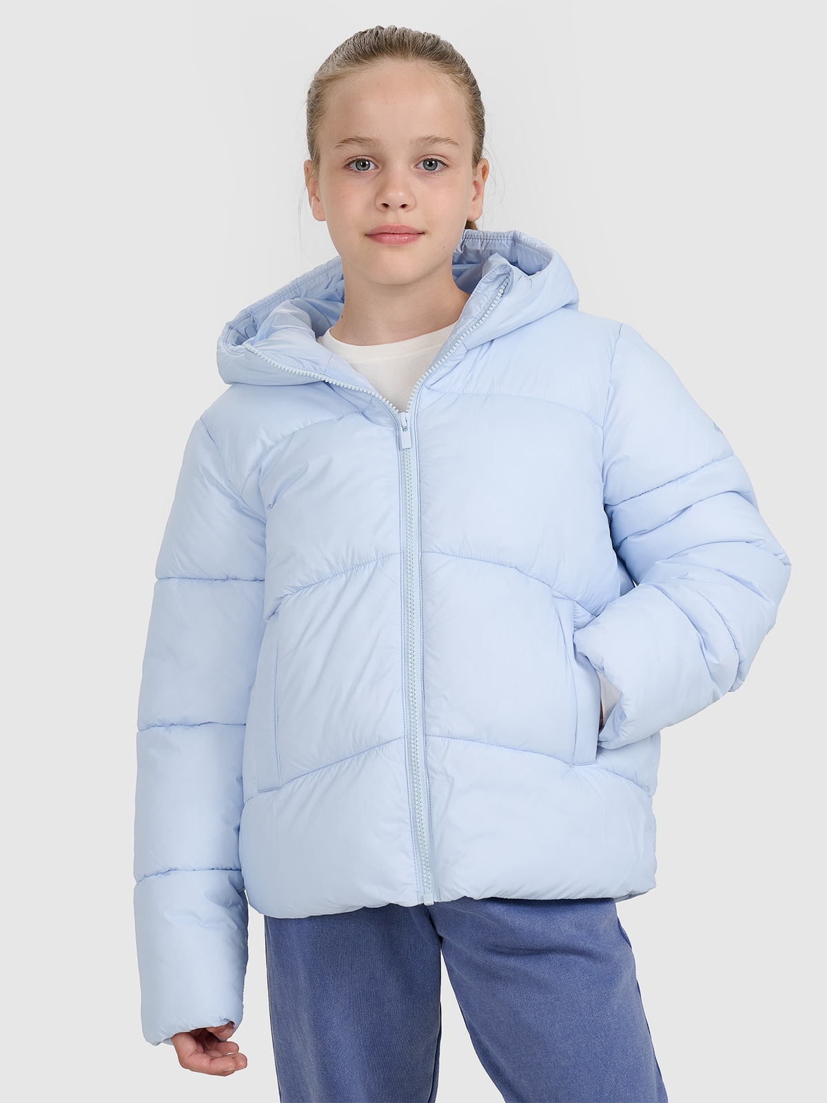 4F Kurtka puchowa z wypełnieniem syntetycznym dziewczęca - niebieska 122 (6-7 lat)