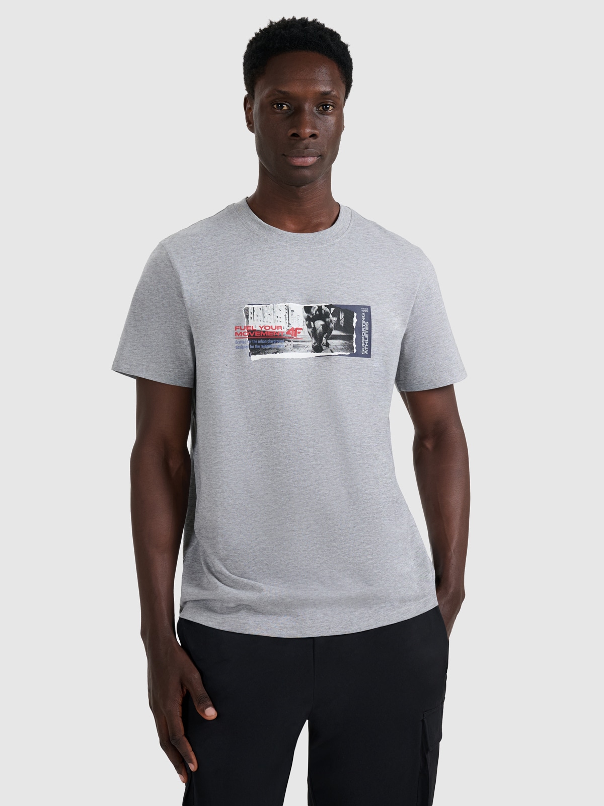 4F T-shirt regular z nadrukiem męski - szary L