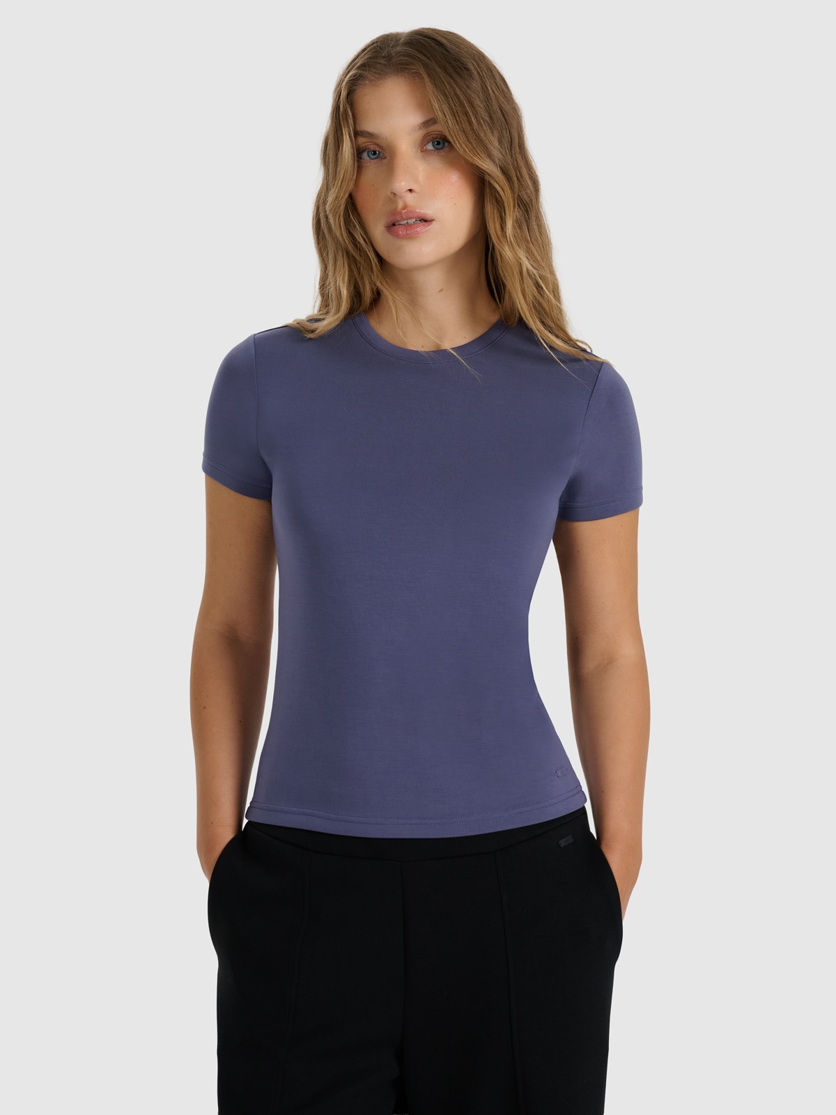 4F T-shirt z prążkowanej dzianiny z modalem damski - granatowy L