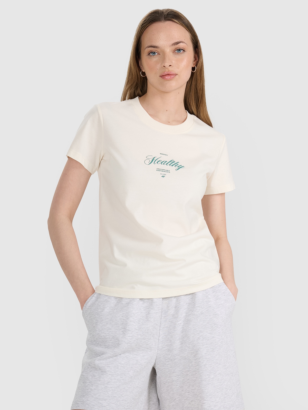 4F T-shirt regular z nadrukiem damski - biały L