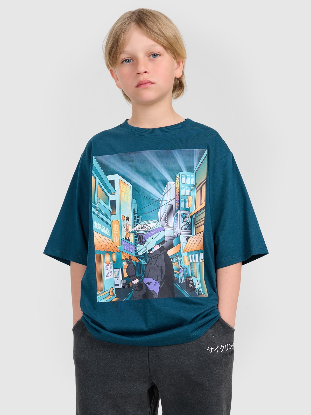 4F T-shirt oversize z nadrukiem chłopięcy - turkusowy 122 (6-7 lat)
