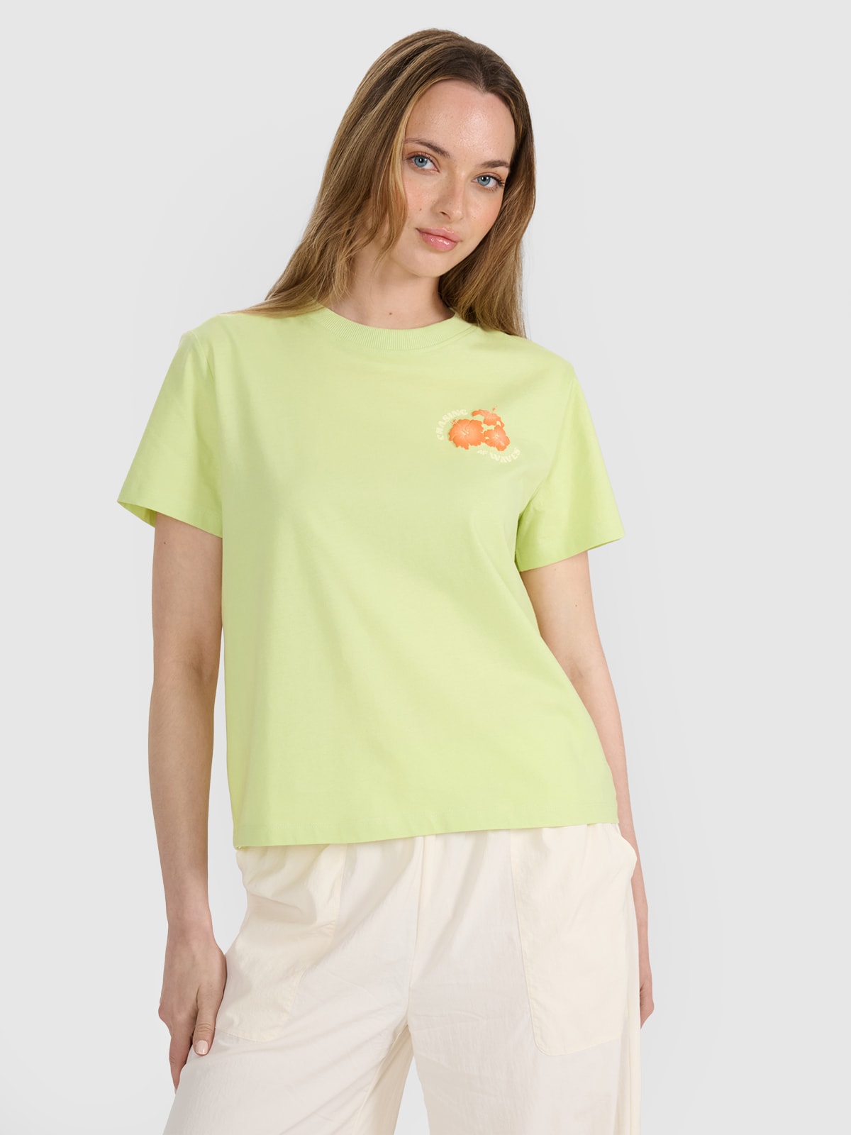 4F T-shirt oversize z nadrukiem damski - żółty L