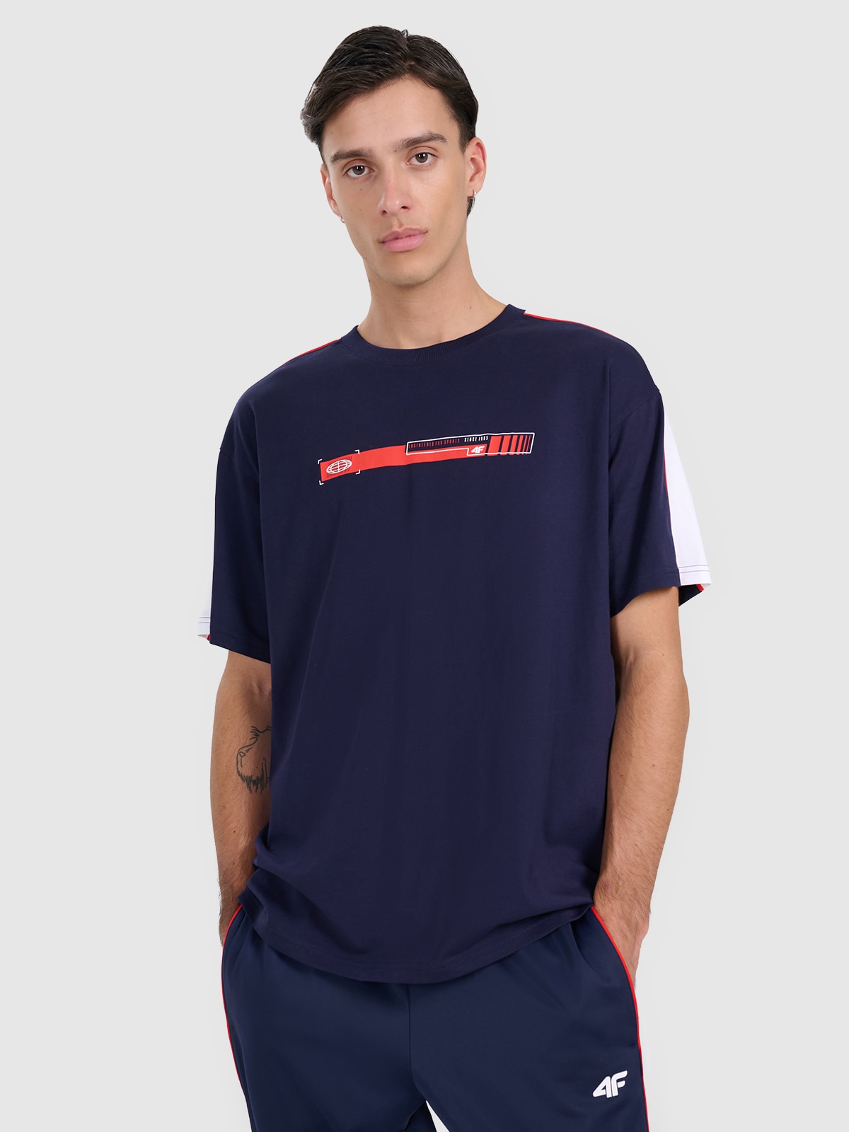 4F T-shirt oversize z nadrukiem męski - granatowy L