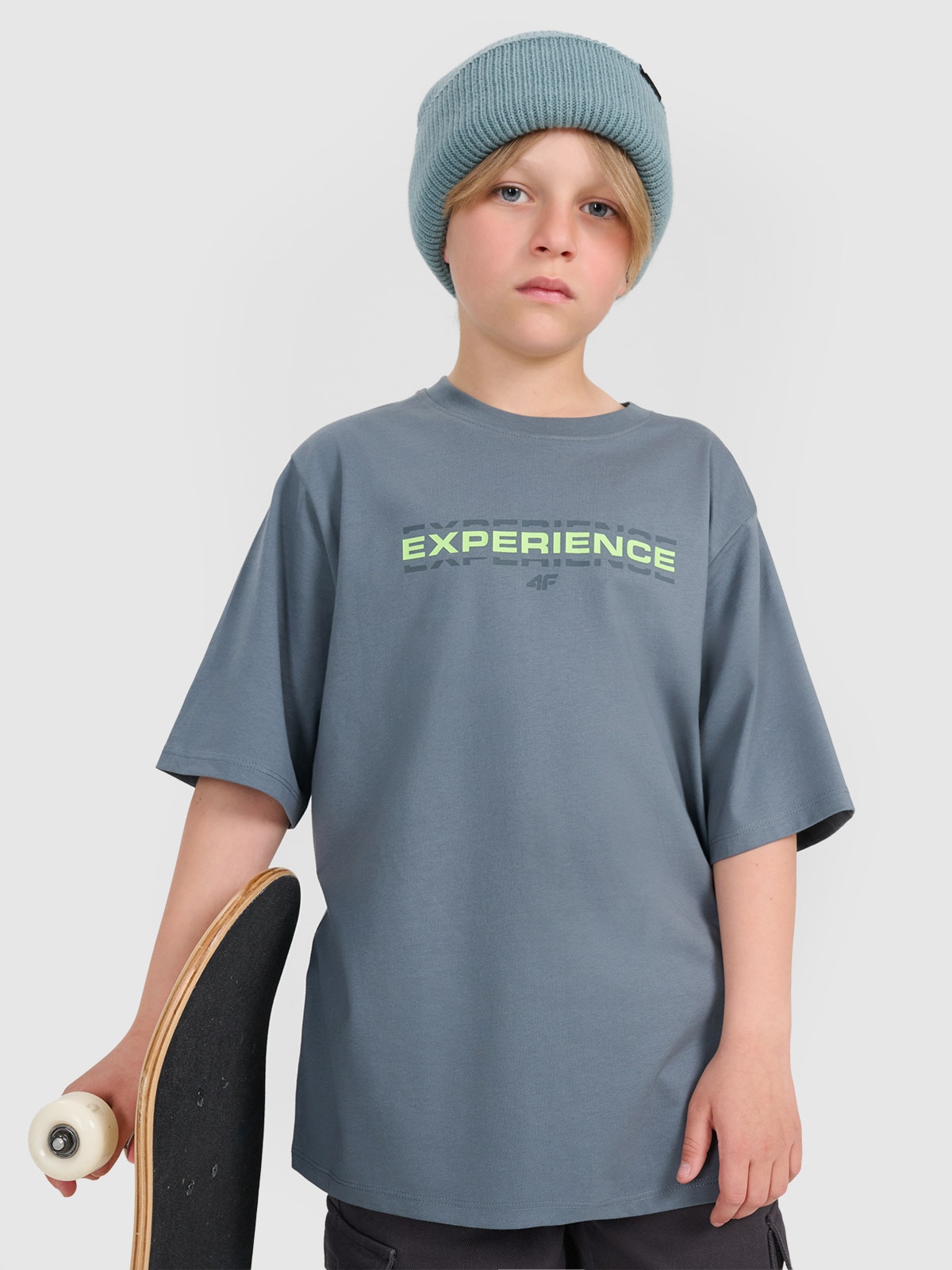 4F T-shirt oversize z nadrukiem chłopięcy - turkusowy 122/128 (6-8 lat)