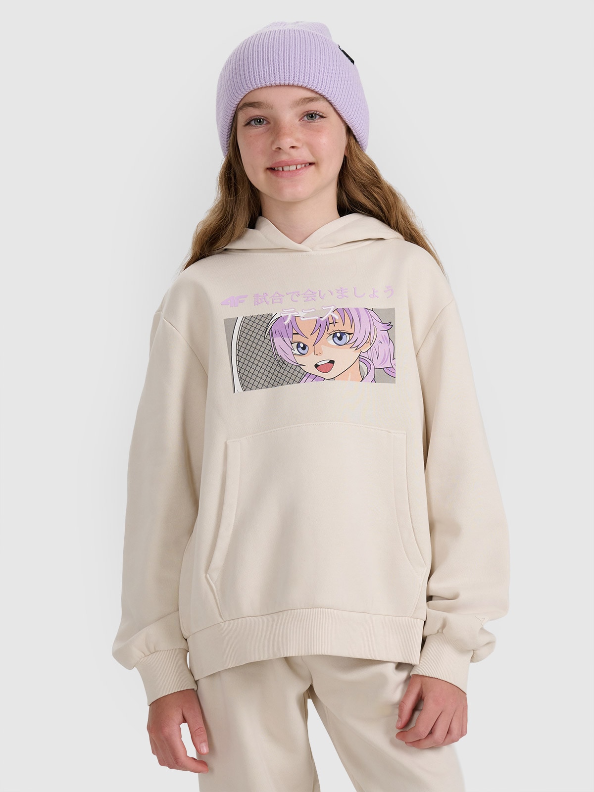 4F Bluza dresowa nierozpinana z kapturem dziewczęca - biała 122 (6-7 lat)