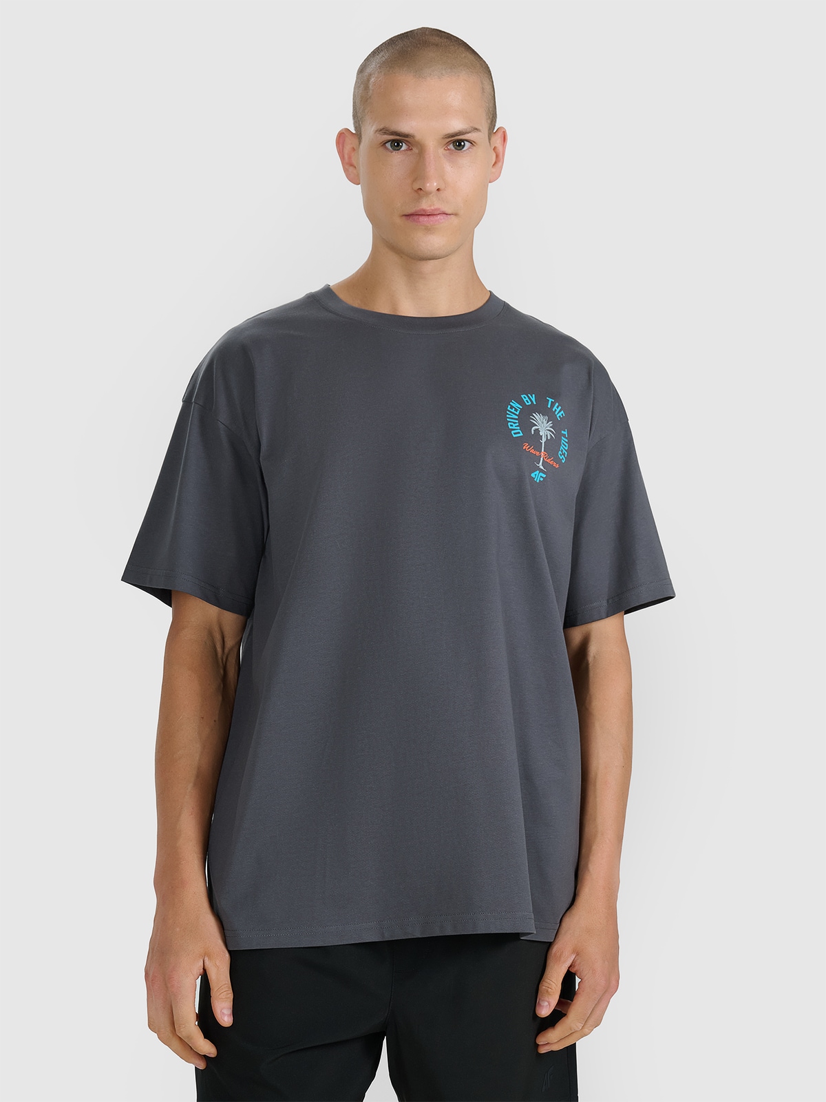4F T-shirt oversize z nadrukiem męski - szary L