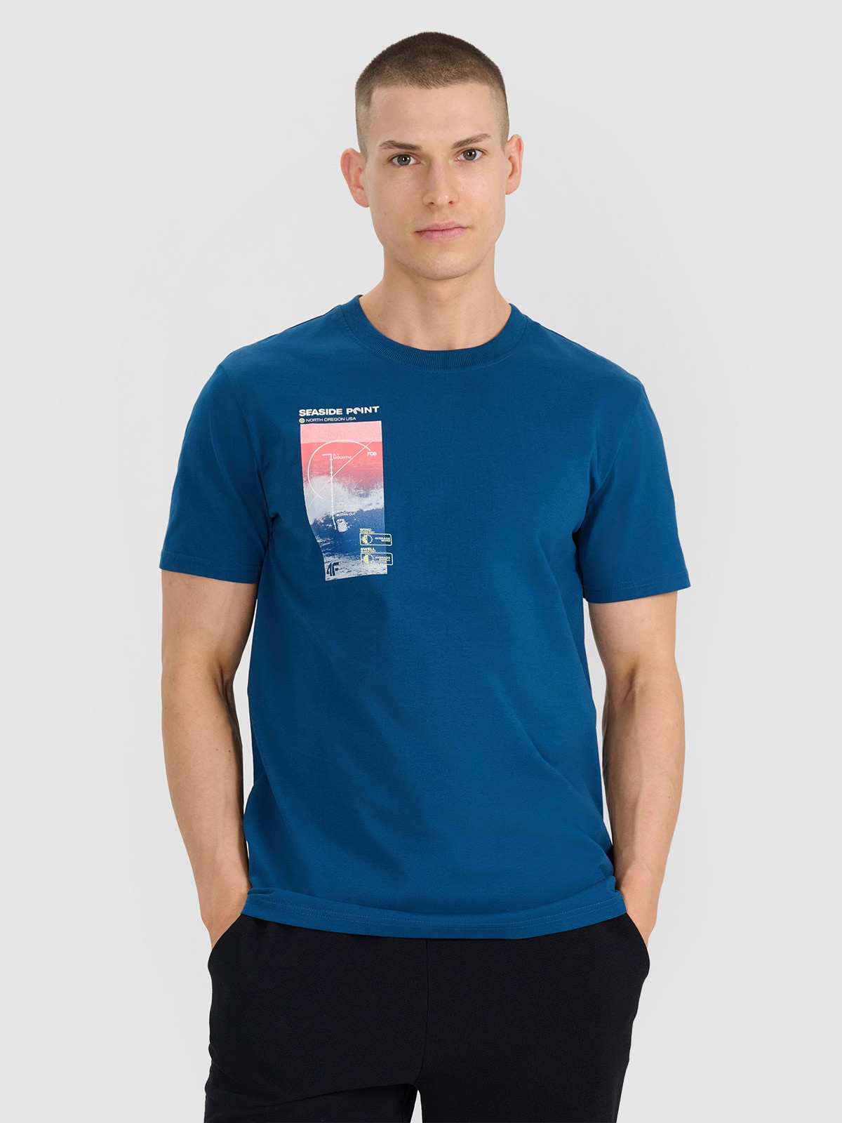 4F T-shirt regular z nadrukiem męski - turkusowy L