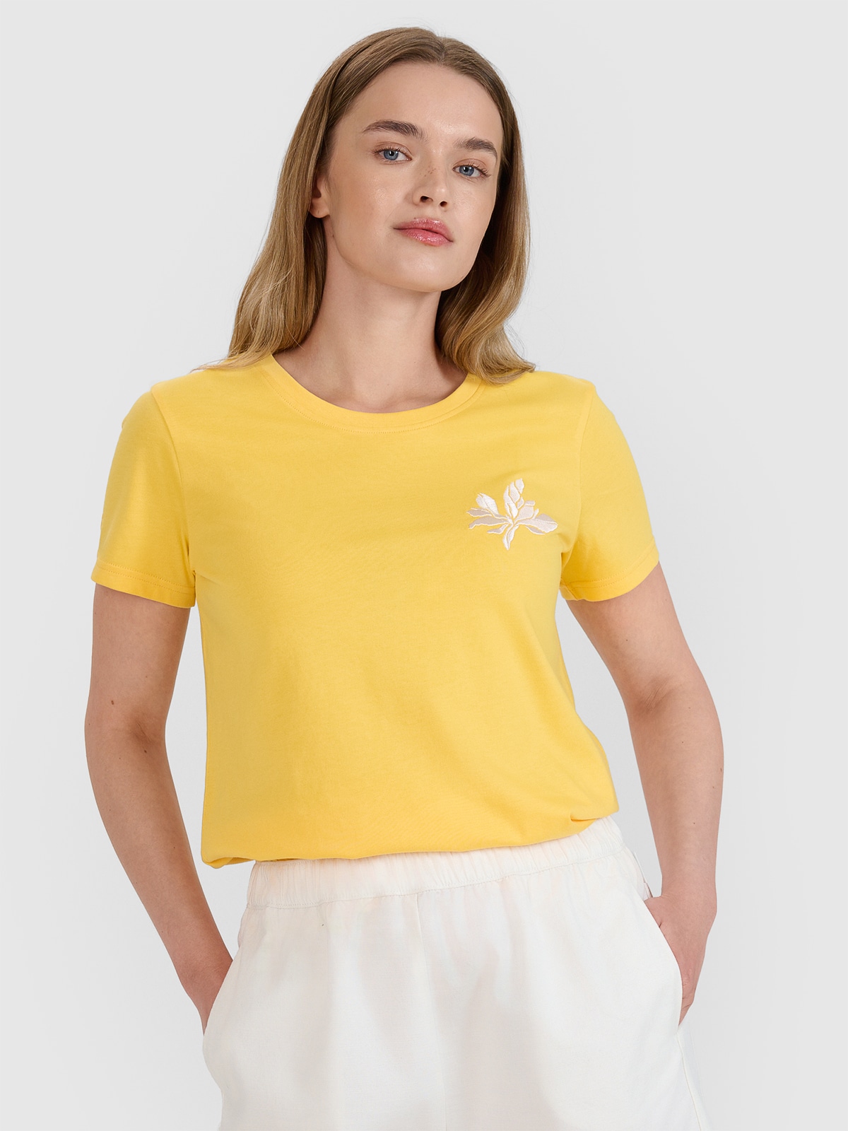 4F T-shirt regular z nadrukiem damski - żółty L