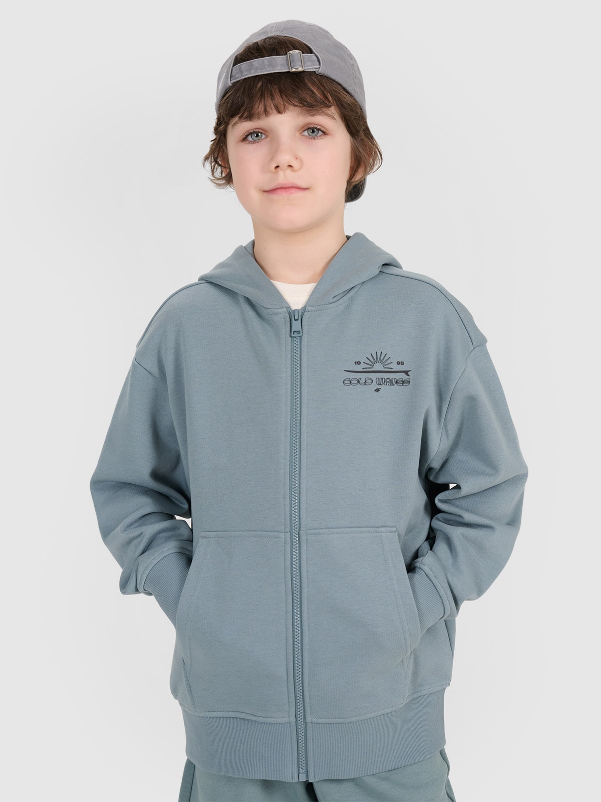 4F Bluza dresowa rozpinana z kapturem chłopięca - turkusowa 122 (6-7 lat)