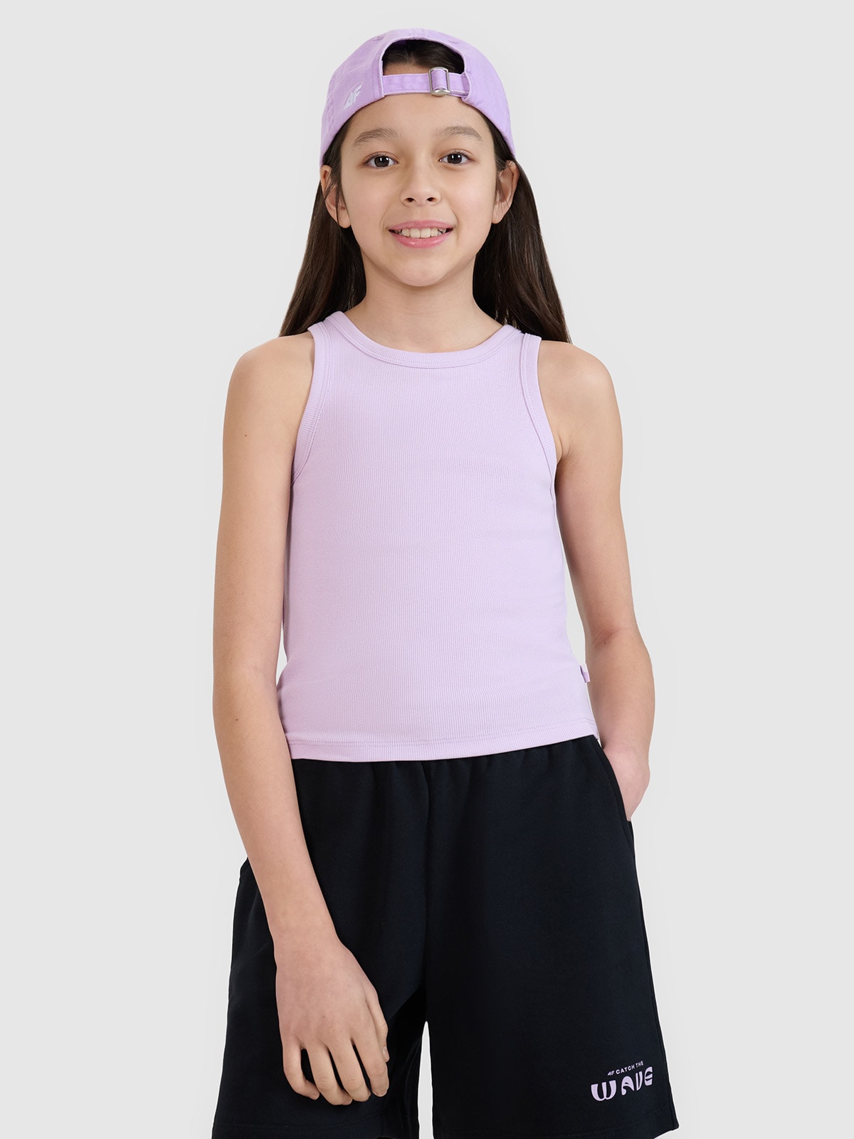 4F Crop top slim z prążkowanej dzianiny dziewczęcy - fioletowy 122 (6-7 lat)