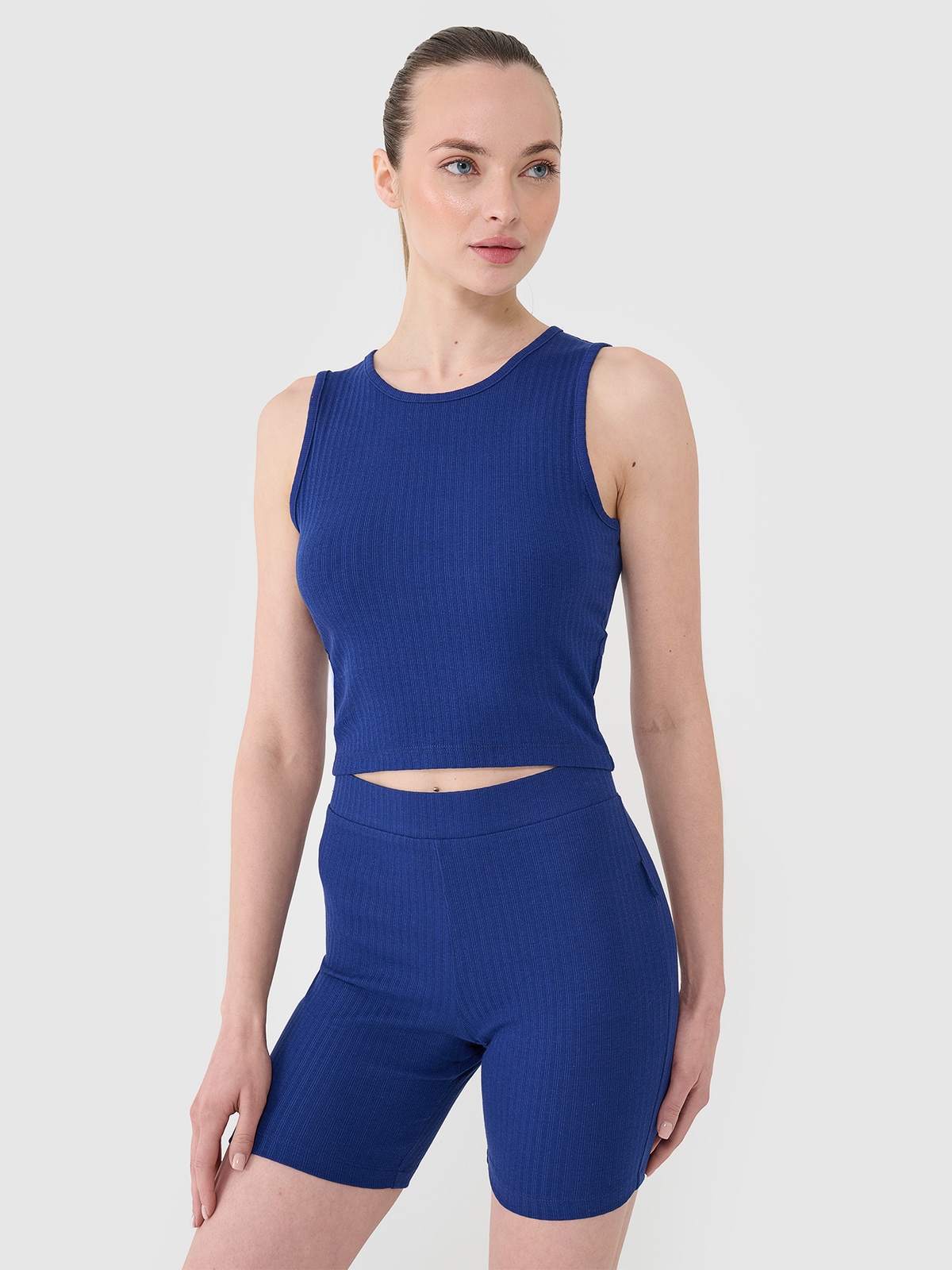 4F Crop top dzianinowy damski - granatowy L