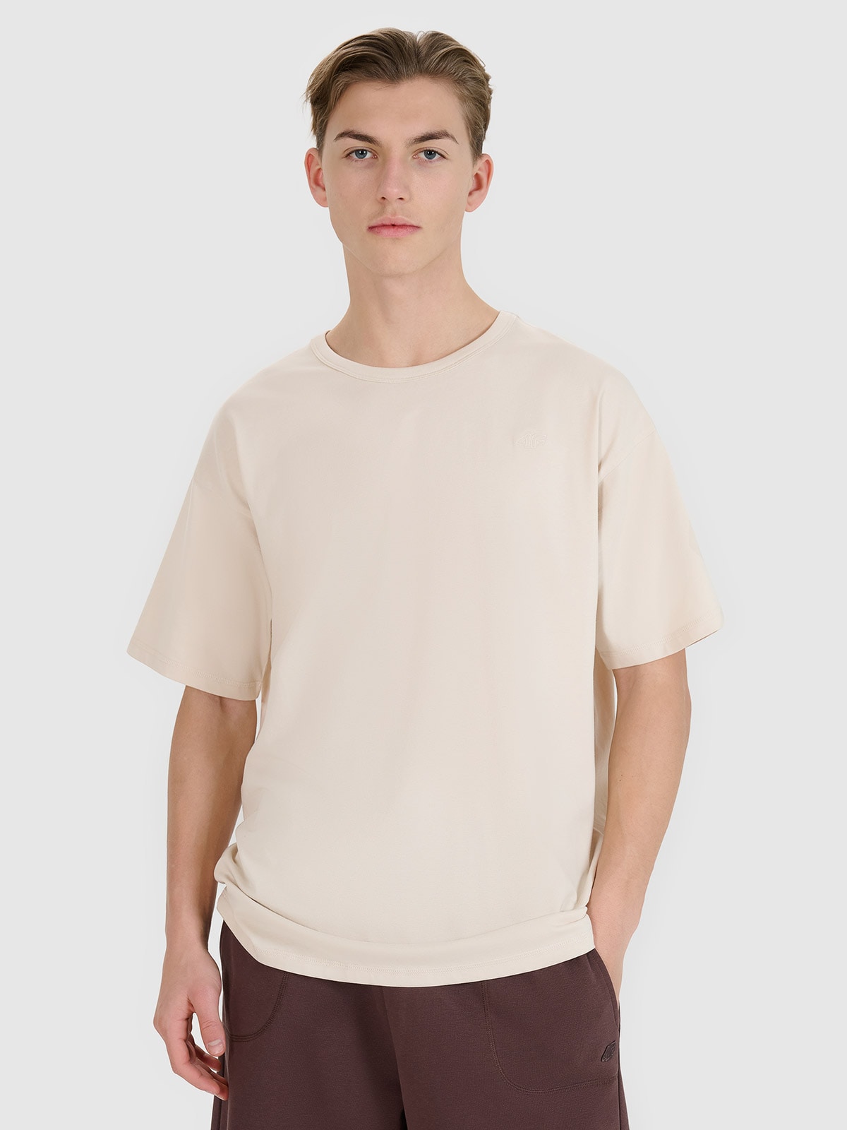 4F T-shirt oversize gładki uniseks - beżowy L
