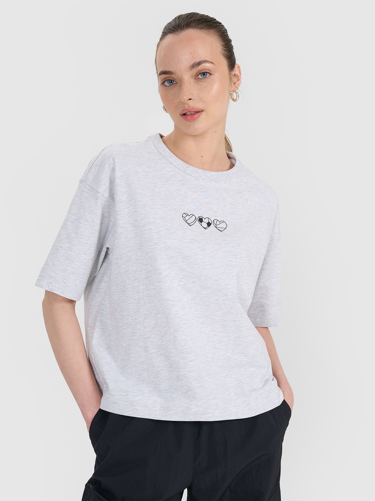 4F T-shirt oversize z nadrukiem damski - szary S