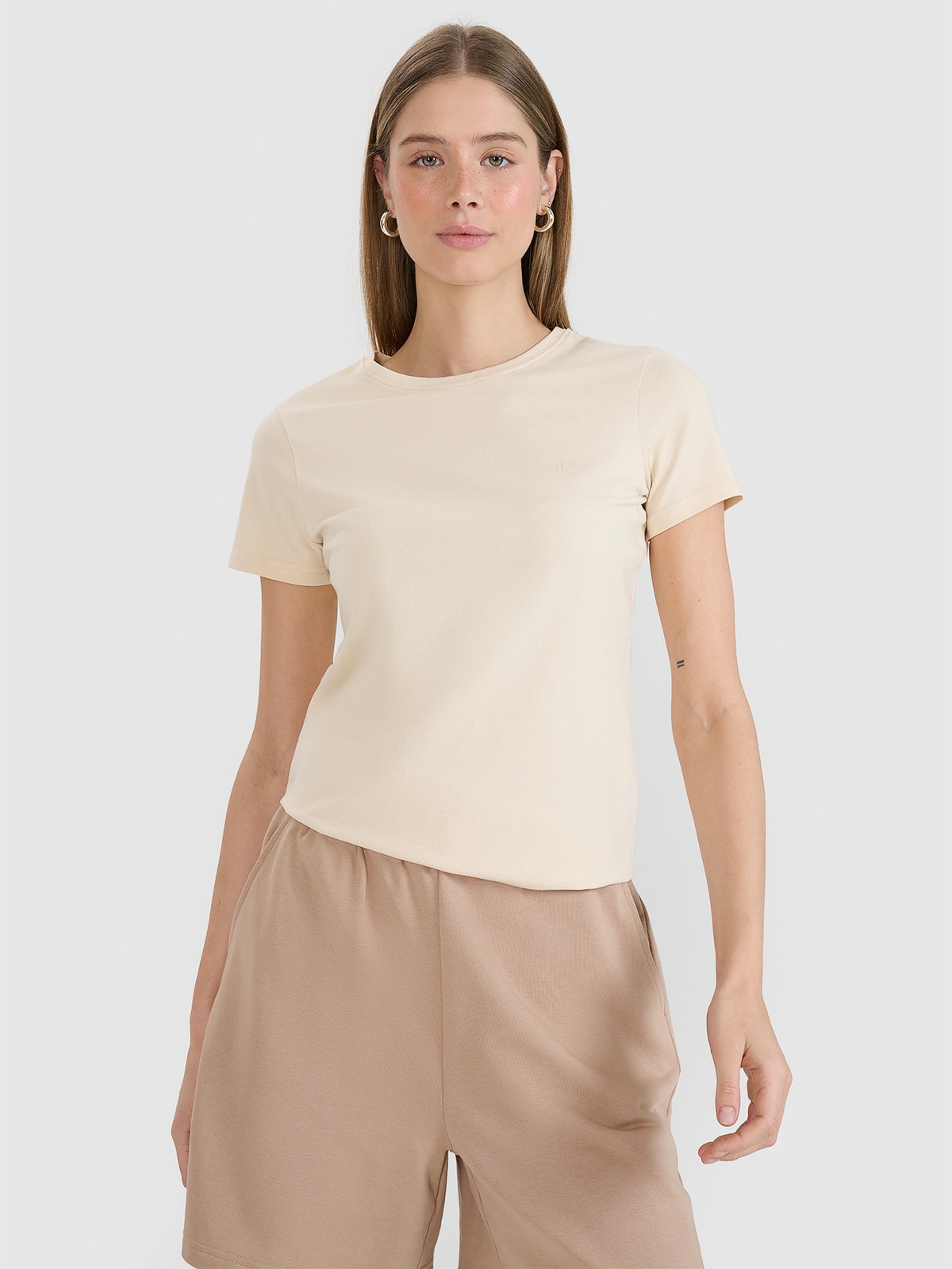 4F T-shirt slim gładki damski - beżowy L