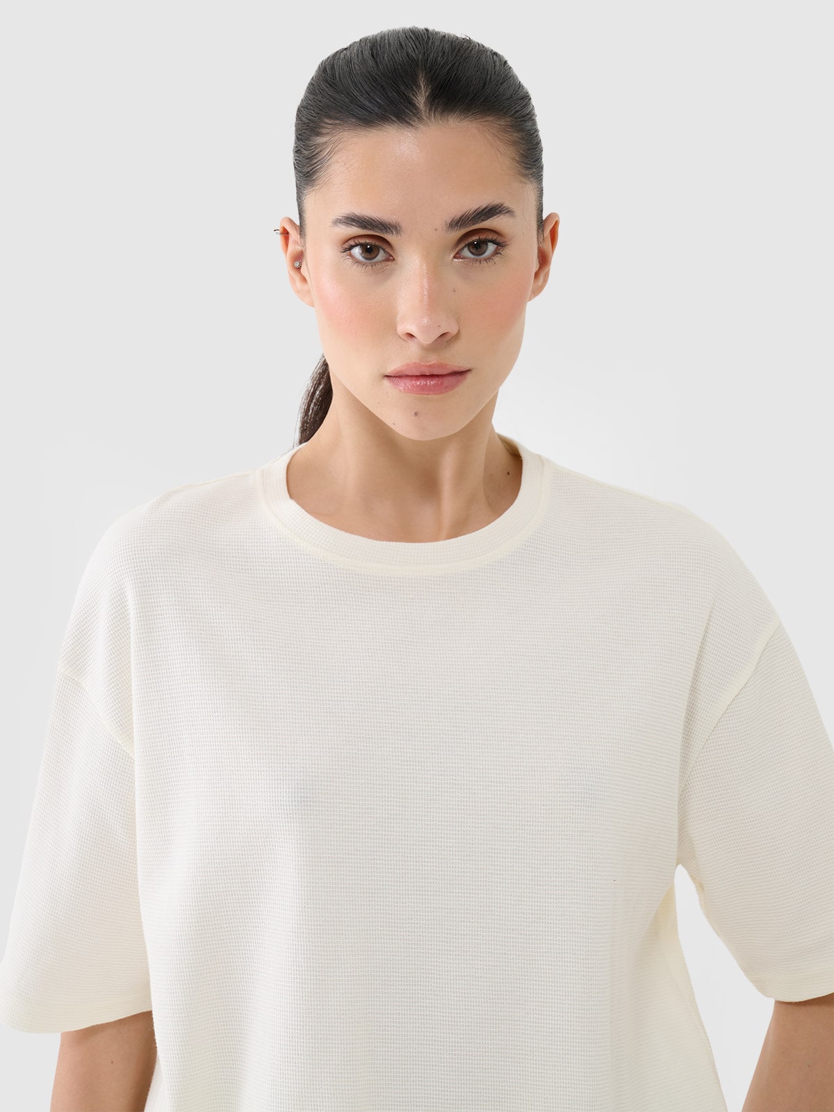 4F T-shirt regular z waflowej dzianiny damski - biały L