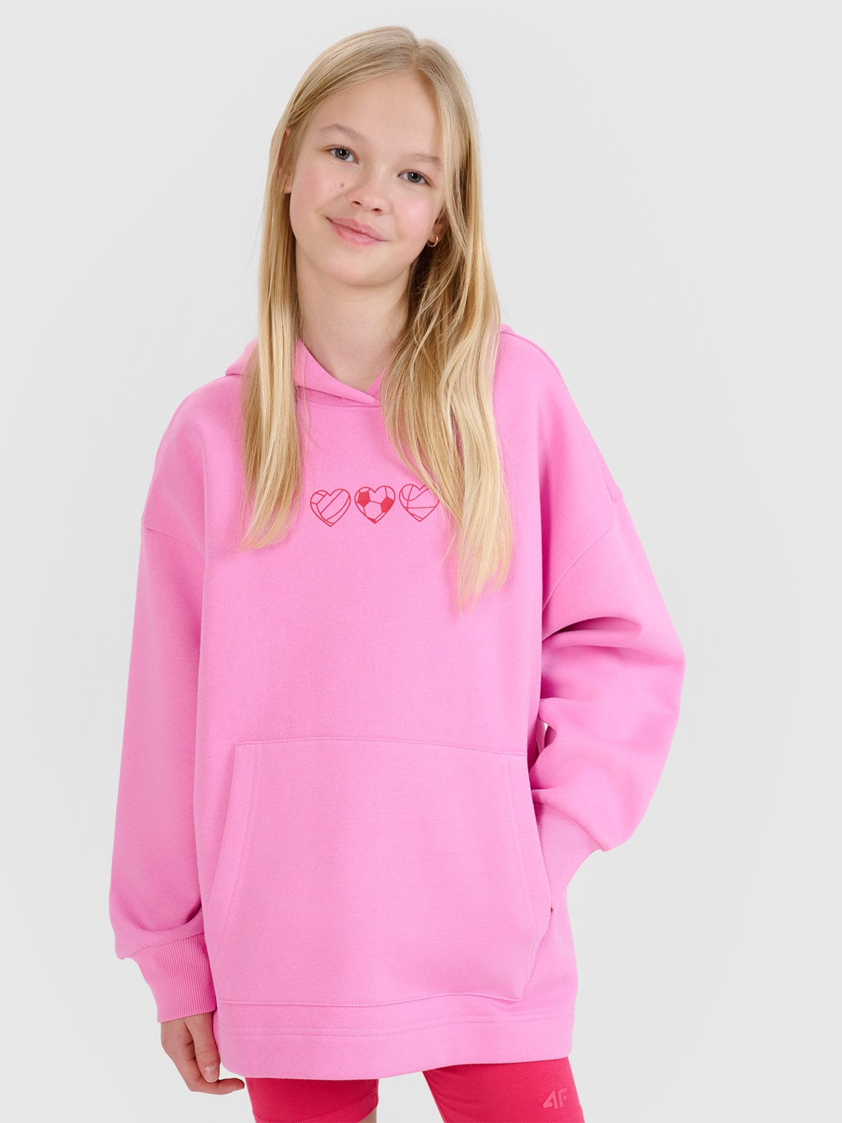 4F Bluza dresowa nierozpinana z kapturem dziewczęca - różowa 152 (11-12 lat)