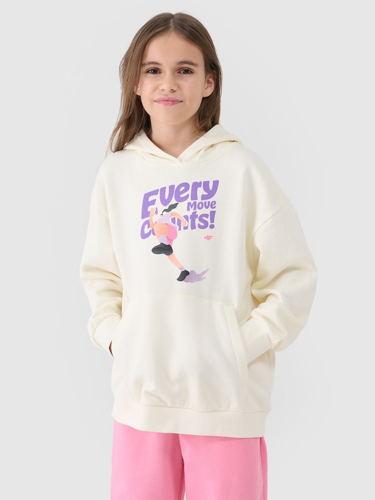 4F Bluza dresowa nierozpinana z kapturem dziewczęca - biała 164 (13-14 lat)