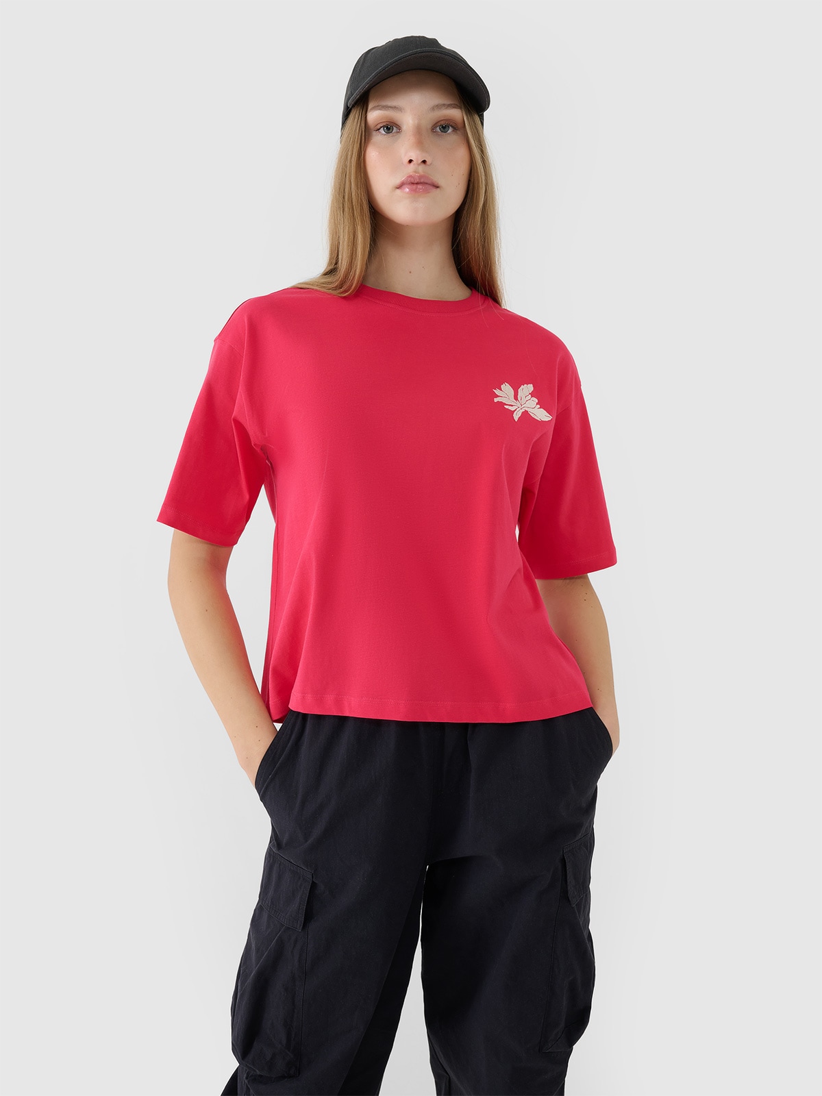 4F T-shirt oversize z nadrukiem damski - różowy XS