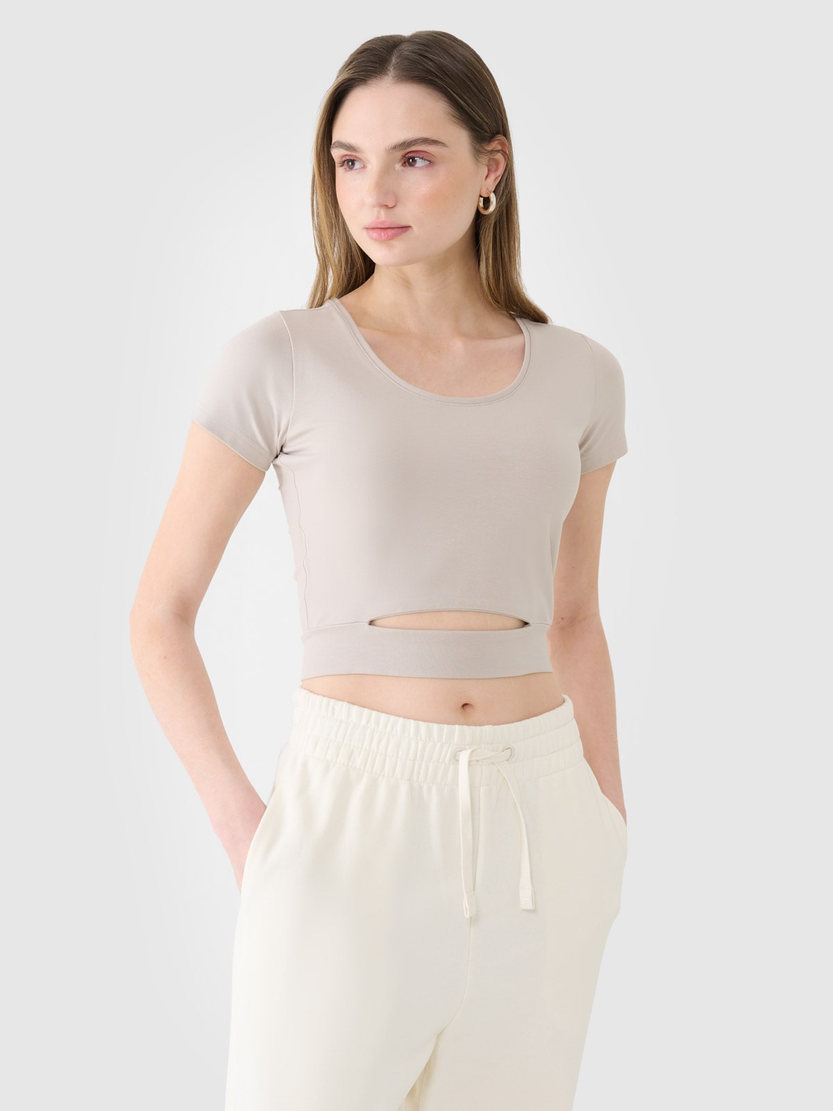 4F T-shirt crop top gładki damski - beżowy XS