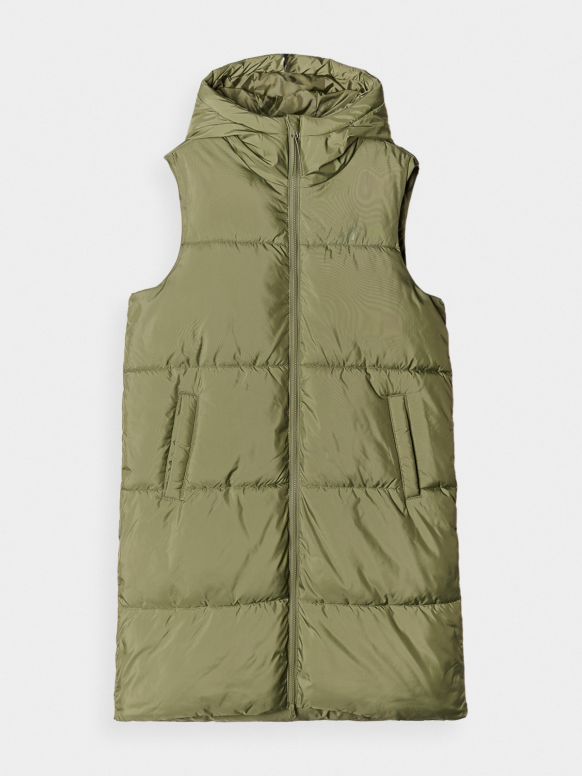 4F Długi bezrękawniki puchowy pikowany z kapturem damski - khaki XS